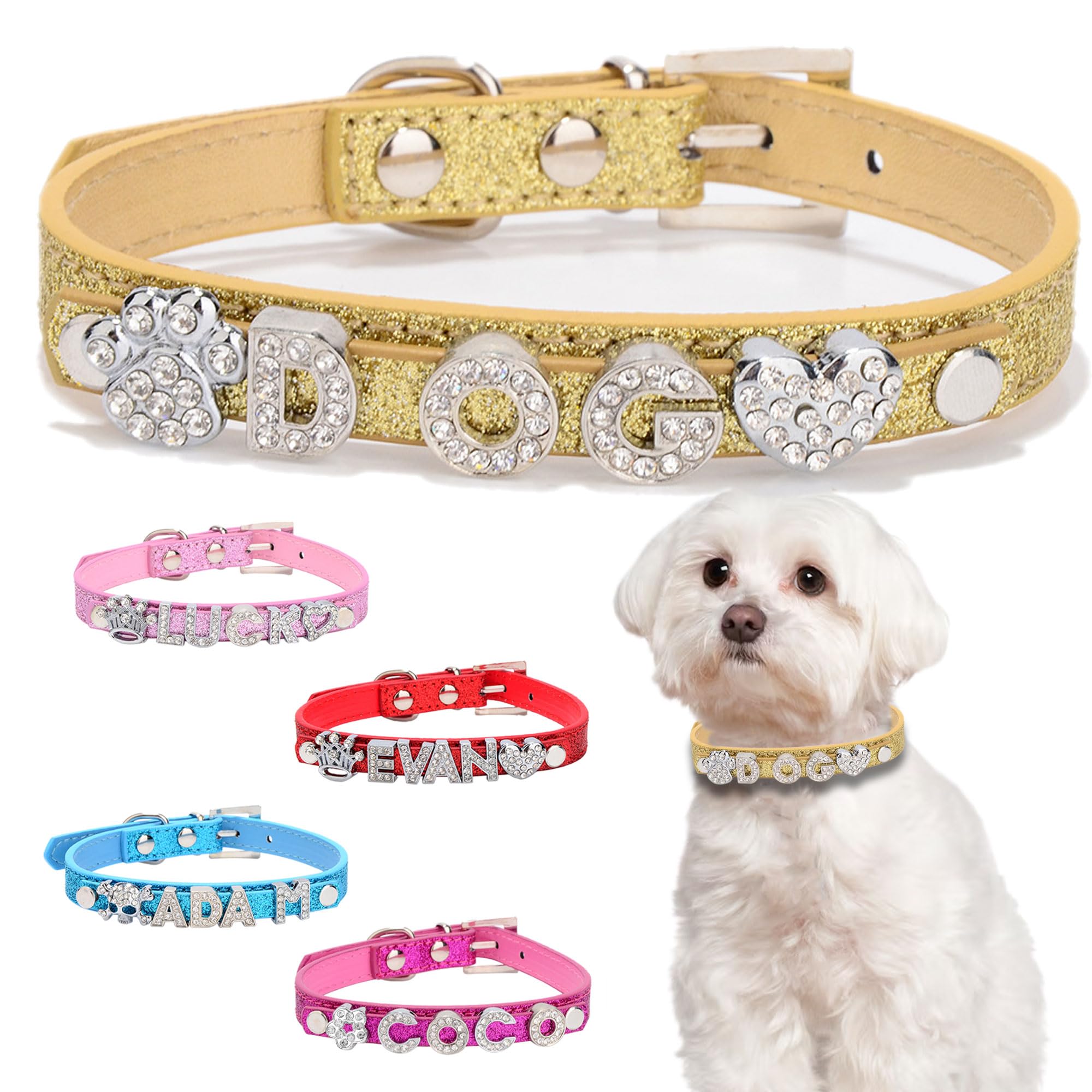 Personalised Dog Collars with Name Custom Bling Rhinestone Dog Puppy Cat Pet Name Collar Leather Dog Collar for Small Medium Large Dogs(Gold, M)