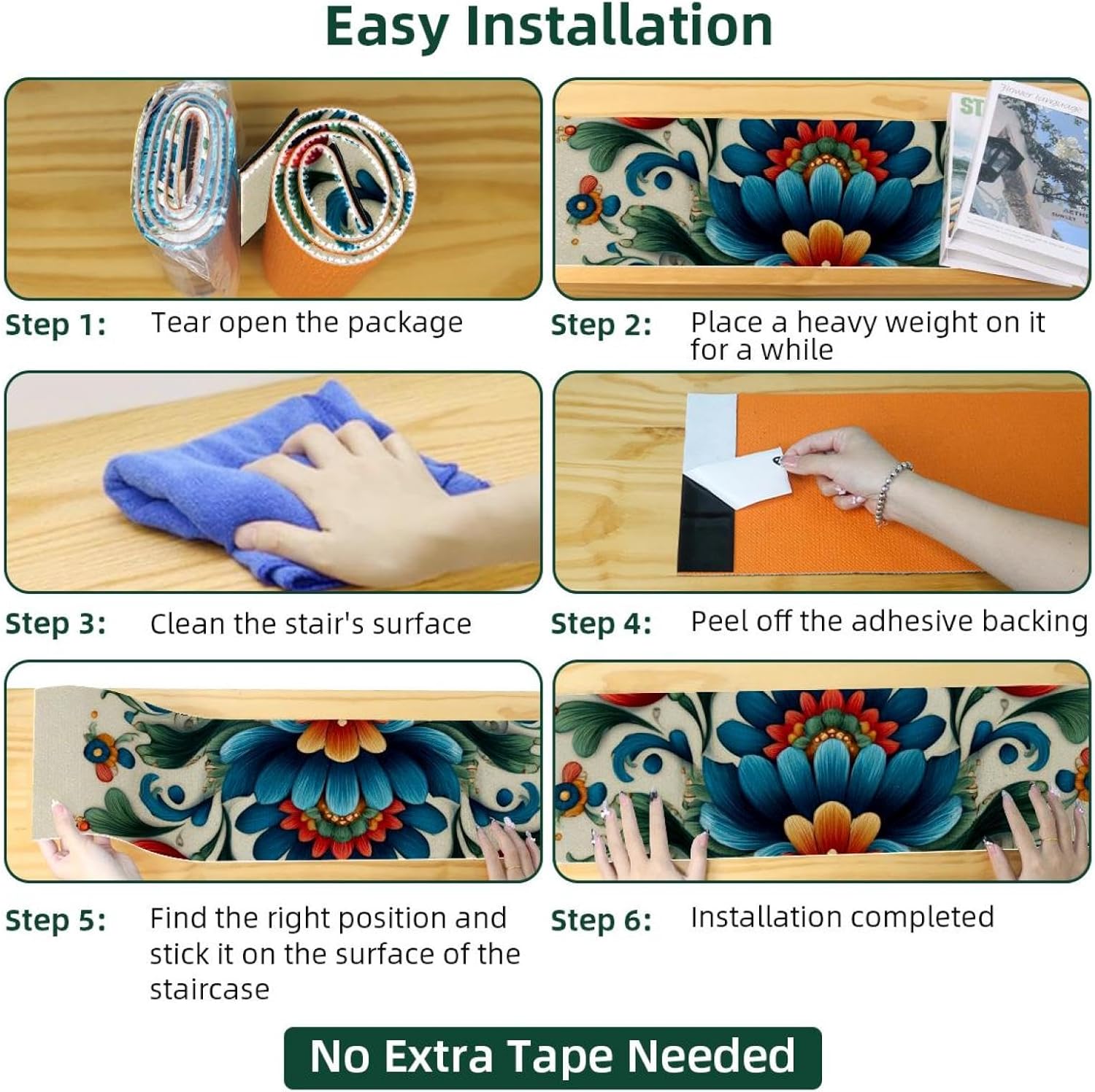 15 Pack Norwegian Rosemaling Folk Style Flower (88) Stair Treads,8" X 30" Non Slip Carpet Stair Treads Reusable Staircase Step Treads Carpet Treads for Wooden Steps Indoor