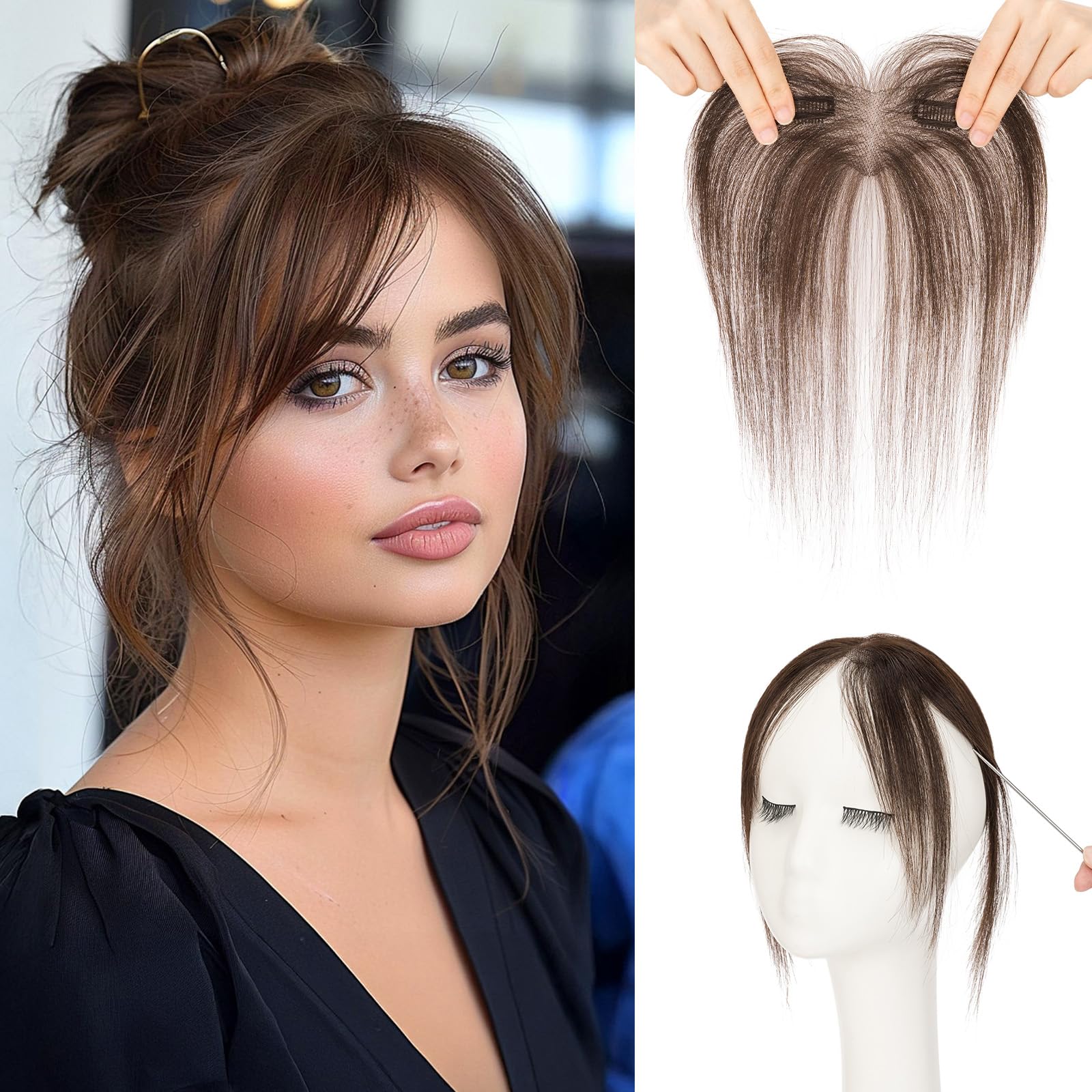 Clip-On Bangs Human Hair Middle Part Dark Brown Natural Look Amazon.com : PINK SEVEN Clip in Bangs Real Human Hair,Dark  main image 3