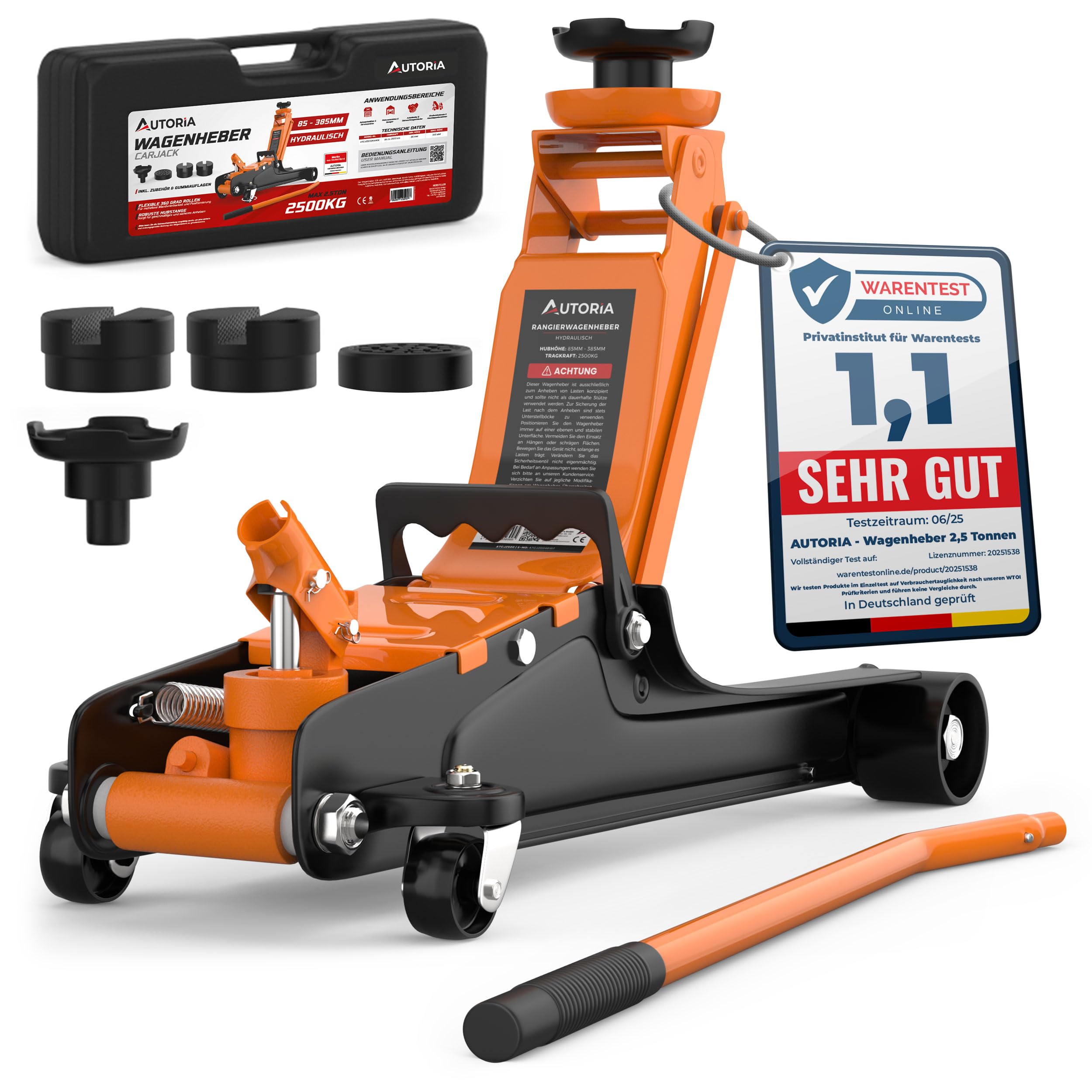 Wagenheber 2,5T extra flach – Hydraulischer Rangierwagenheber mit Transportkoffer, 3 Gummiauflagen & Adapter – Auto Wagenheber für PKW bis 2.500 kg (Orange)