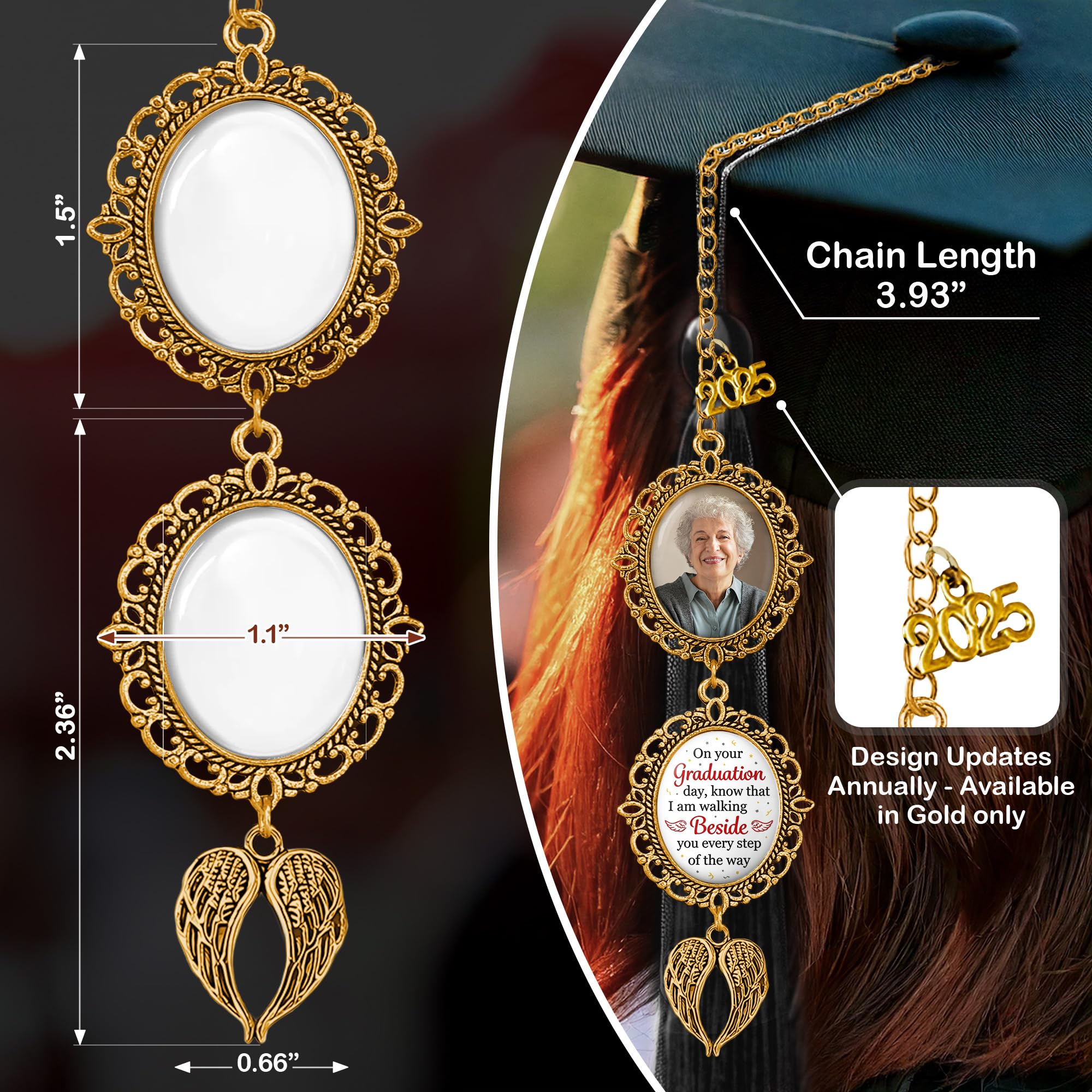 Joy Crafters Custom Photo Always Beside You, Personalized Memorial Graduation Tassel Photo Charm with Angel Wings, Class of 2025 Congratulations Gift, Grad Cap Decorations, Graduation Gifts