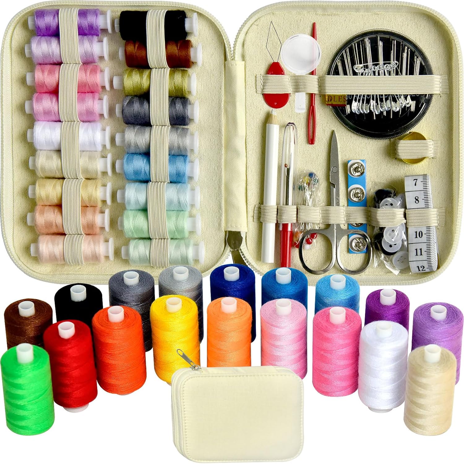 Sewing Kit with Case Portable Sewing Supplies for Home Traveler, Adults, Beginner, Emergency, Contains 18 Sewing Thread, Scissors, Needles, Measure etc,Off White