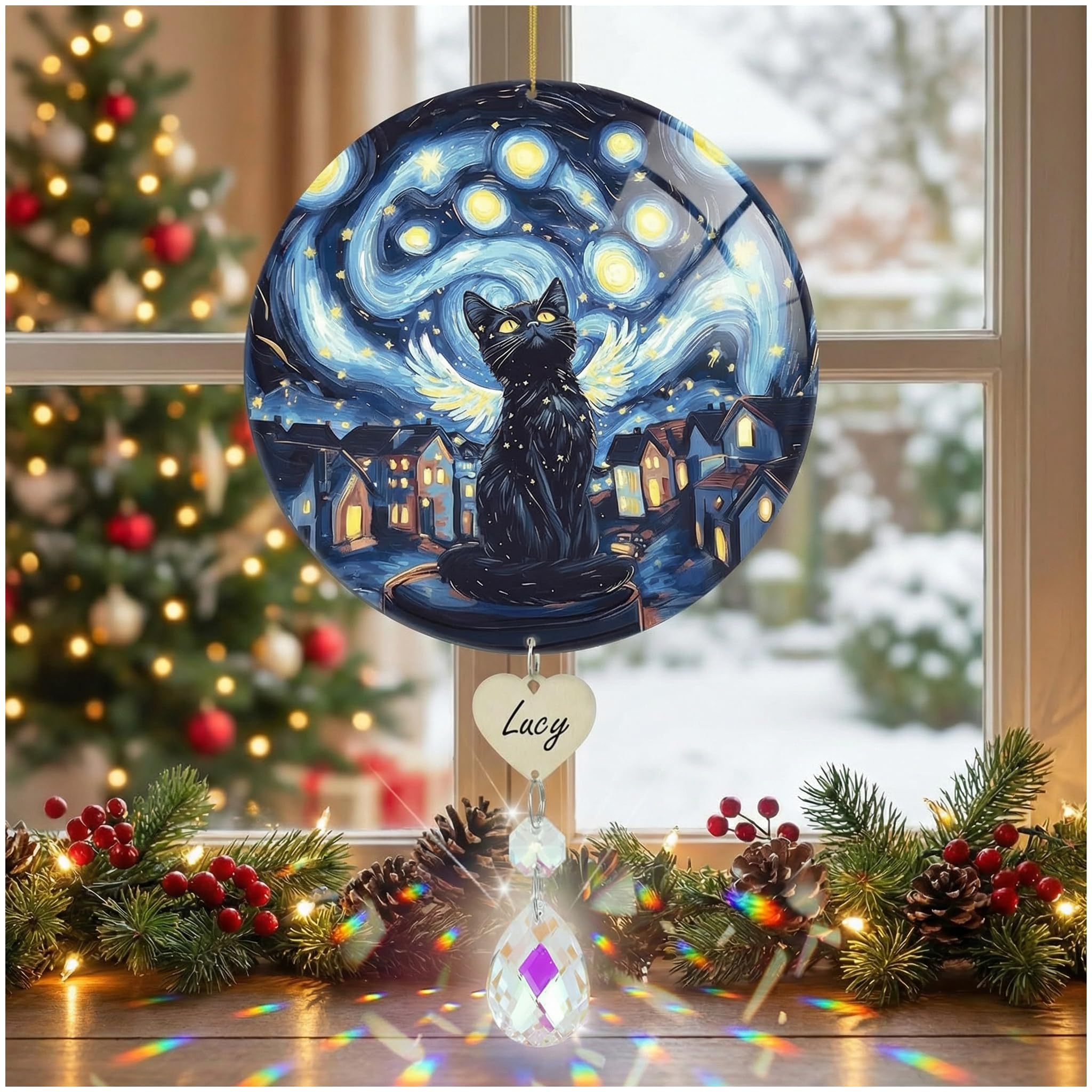 Black Cat Starry Night Van Gogh Stained Suncatcher with Glass Crystal Ornament Rainbow Maker for Window, Cat Memorial Gifts for Loss of Pet, Pet
