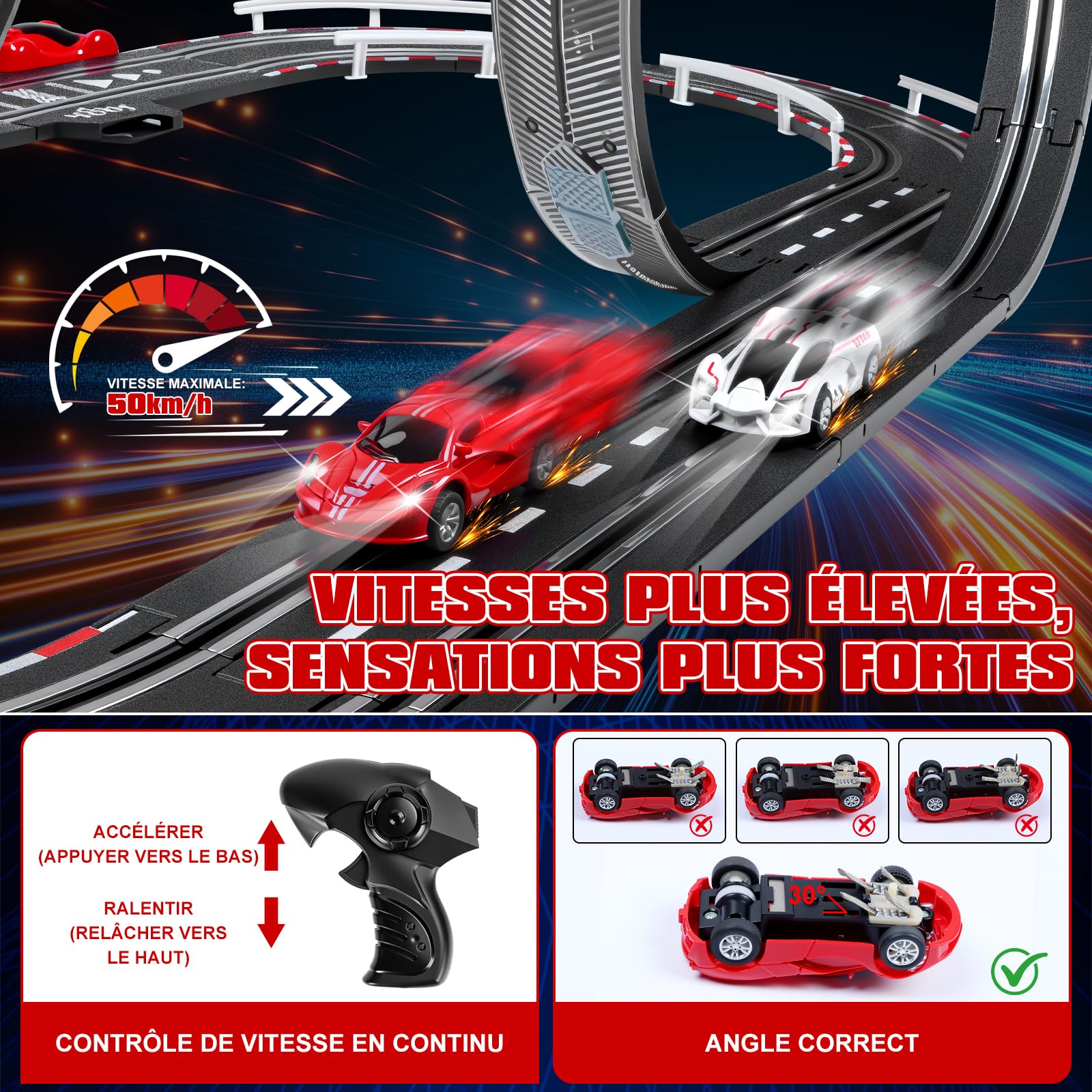Circuit Voiture Electrique, Lumineuse Circuit Voiture Enfant 1:64 Piste De Course - 4 LED Voitures, 360° Cercle, Prise, Compteur de Tours, Piste Voiture Enfant 6-12 Ans Jouets Cadeau (S)