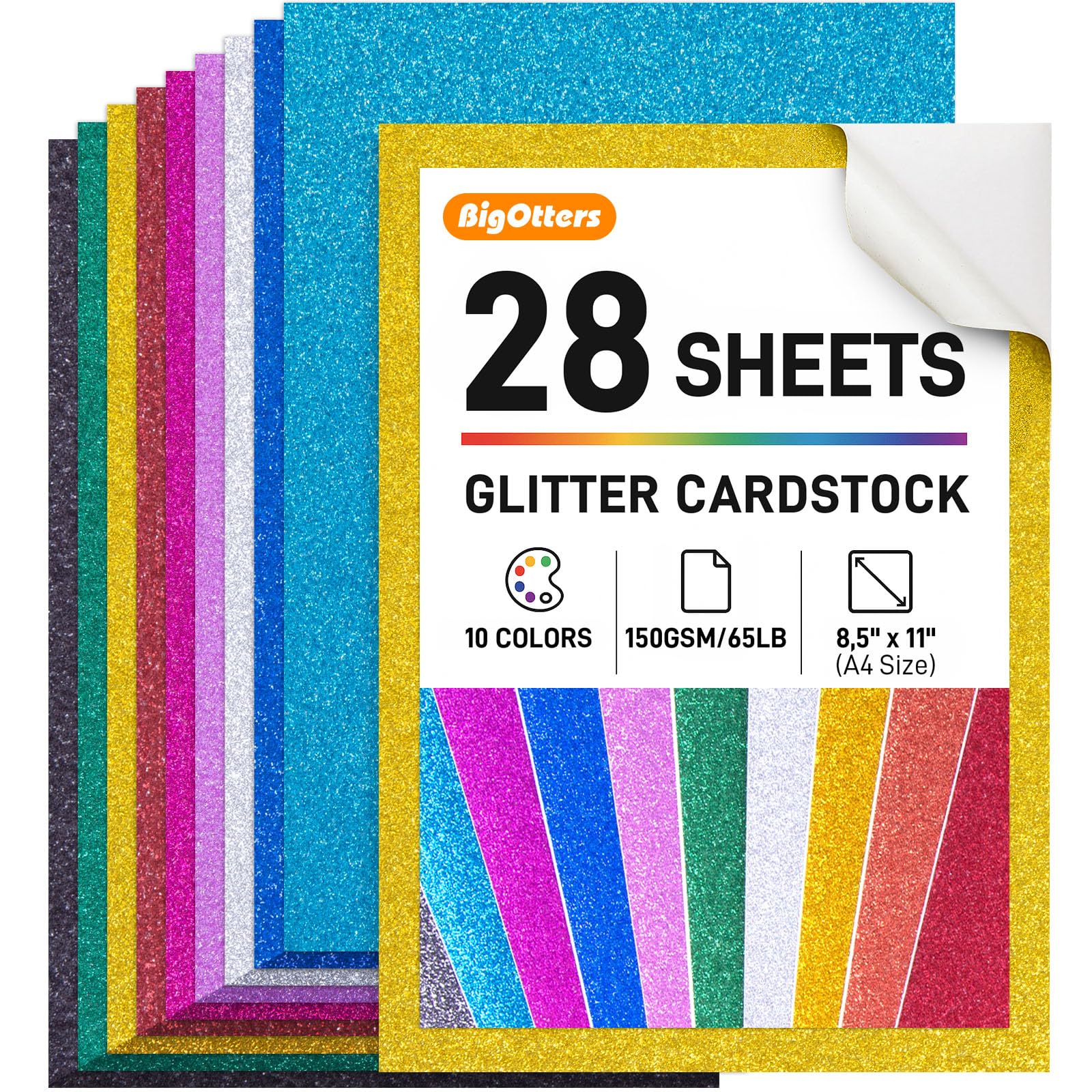 BigOtters 28 Sheets Glitter Cardstock, 10 Assorted Colors Sparkly Glitter Paper for Arts and Crafts Card Making, Scrapbook Supplies, DIY Projects, 8.5