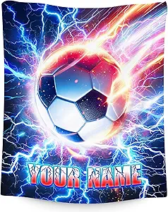 Soccer Blanket for Boys Personalized Kids Throw Gifts - Custom Name Soft Plush Blankets for Couch, Bedroom & Living Room (4 Sizes Choose)