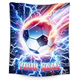 Soccer Blanket for Boys Personalized Kids Throw Gifts - Custom Name Soft Plush Blankets for Couch, Bedroom & Living Room (4 Sizes Choose)