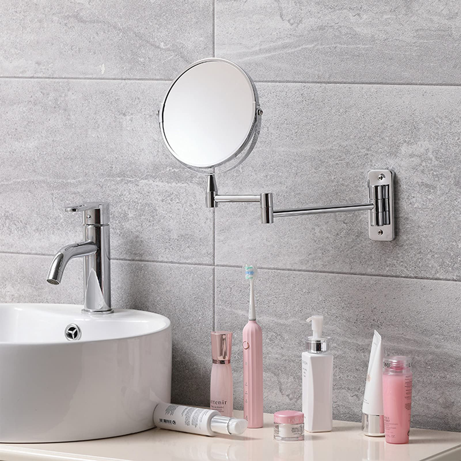 Espejo De Maquillaje Montado En La Pared,Espejo de Tocador de Pared,Espejo Cosmético de Doble Cara Espejo de Aumento,360 Giratorio,Perfecto como Regalo para Mujeres y Niñas,8inch,3X Magnifying
