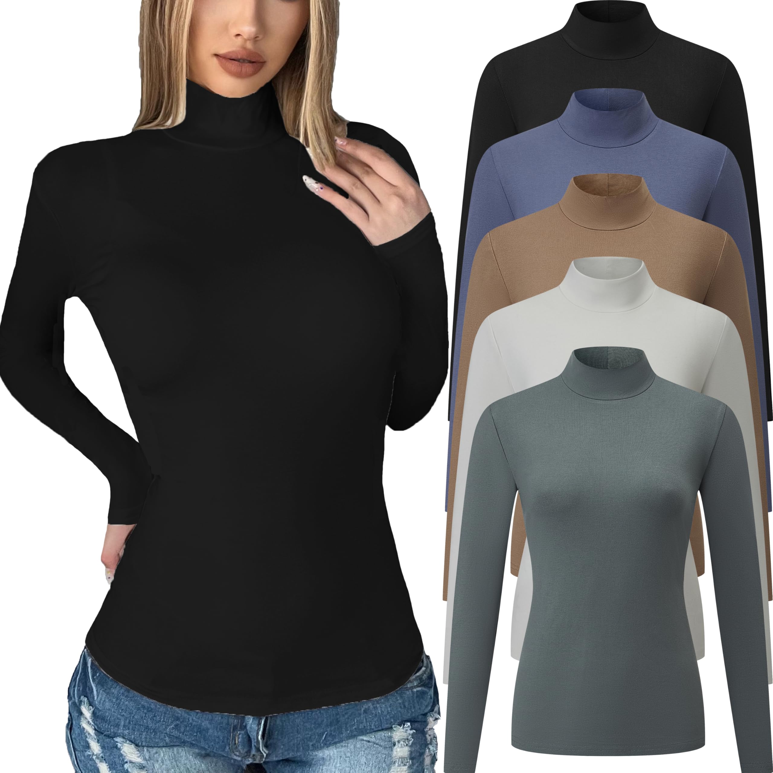 5 Pack Womens Long Sleeve Mock Turtleneck Tops Fall Stretch Tight Basic T Shirt Lightweight Thermal Shirts XX-Large 5 Piece：black/White/Khaki/Blue/Green