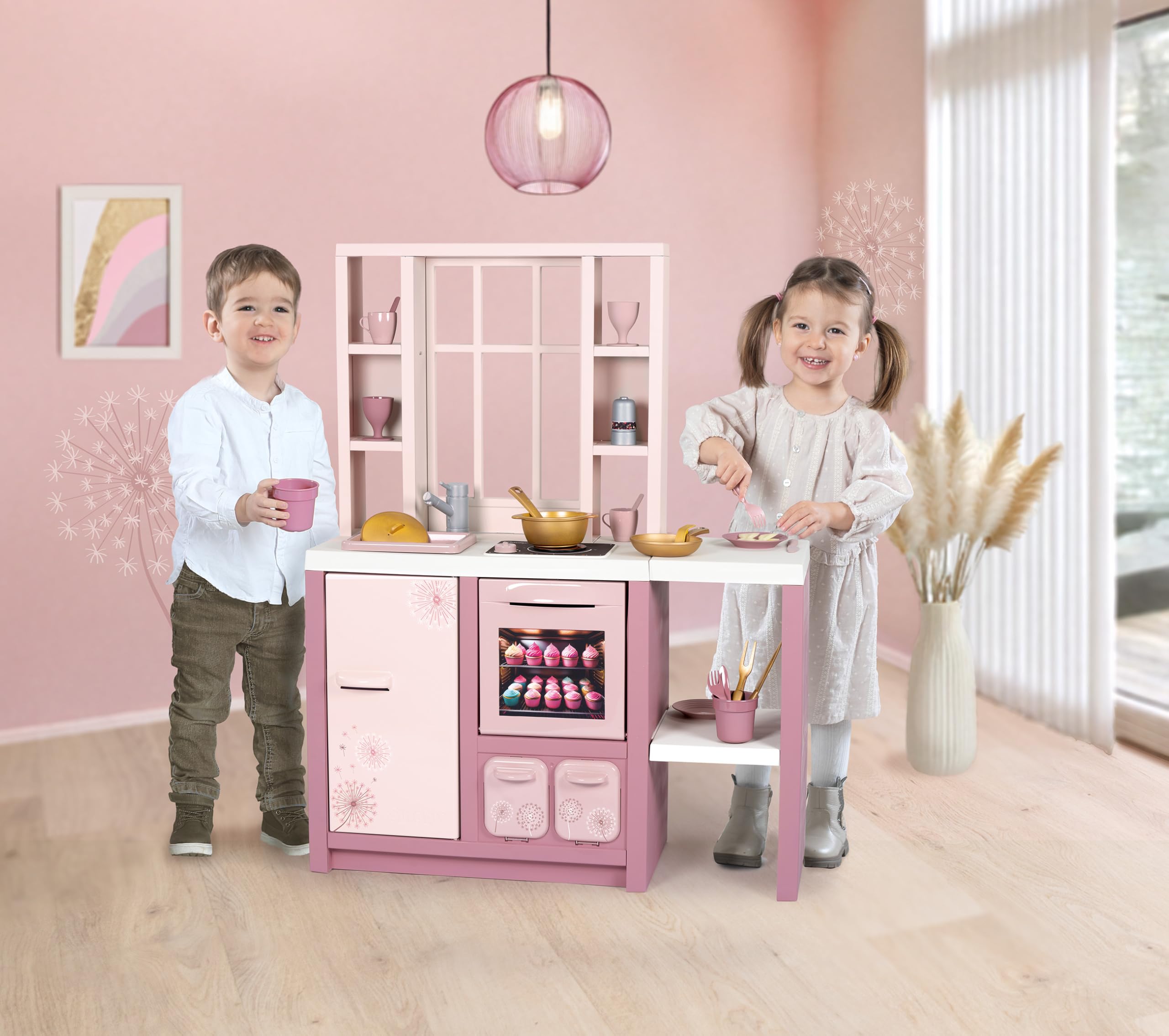 Smoby Loft Fleur kuchnia do zabawy – kuchnia dziecięca w nowoczesnym stylu loftu z płytą kuchenną, piekarnikiem, lodówką i 27 akcesoriami, dla dzieci od 3 lat