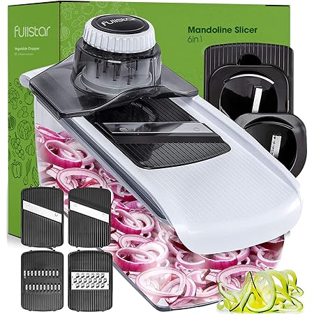 Fullstar 6-in-1 Mandoline Slicer For Kitchen, Cheese Grater, Vegetable Spiralizer and Veggie Slicer for Cooking & Meal Prep (Kitchen Gadgets Organizer & Safety Glove Included), White