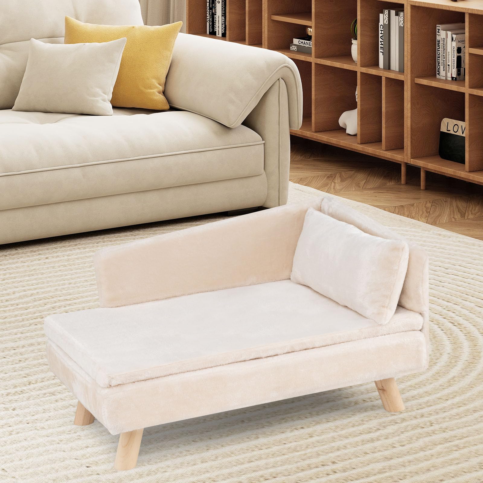 GOPLUS Sofá para Perros, Cama Elevada para Perros con Respaldo Alto, Cojín Acolchado Extraíble y Patas de Soporte de Madera Maciza, Sofá Lavable para Perros y Gatos Medianos y Pequeños (Blanco)
