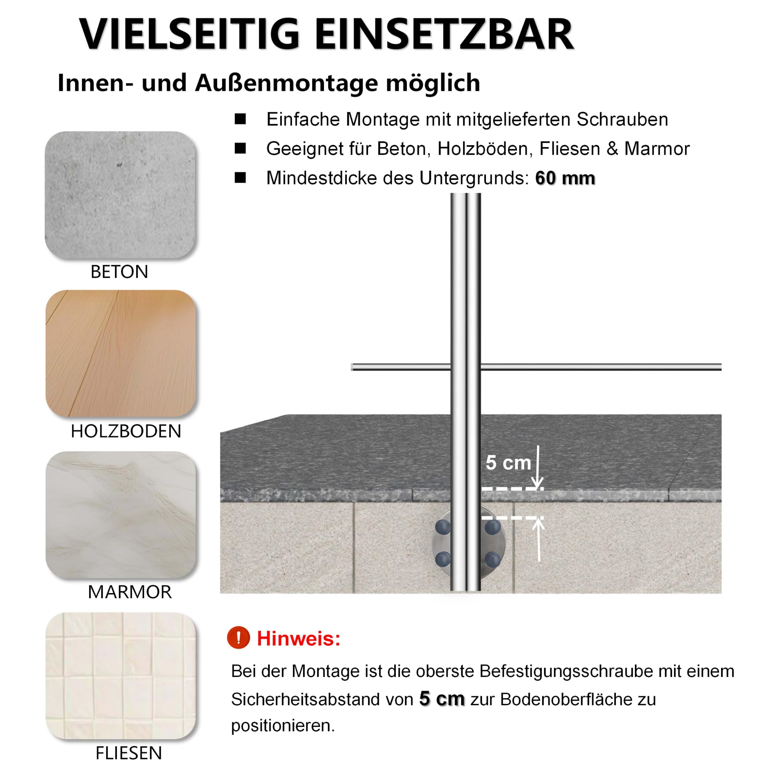 AICA 304 Edelstahl Handlauf 120 cm Treppengeländer zur Seitenmontage