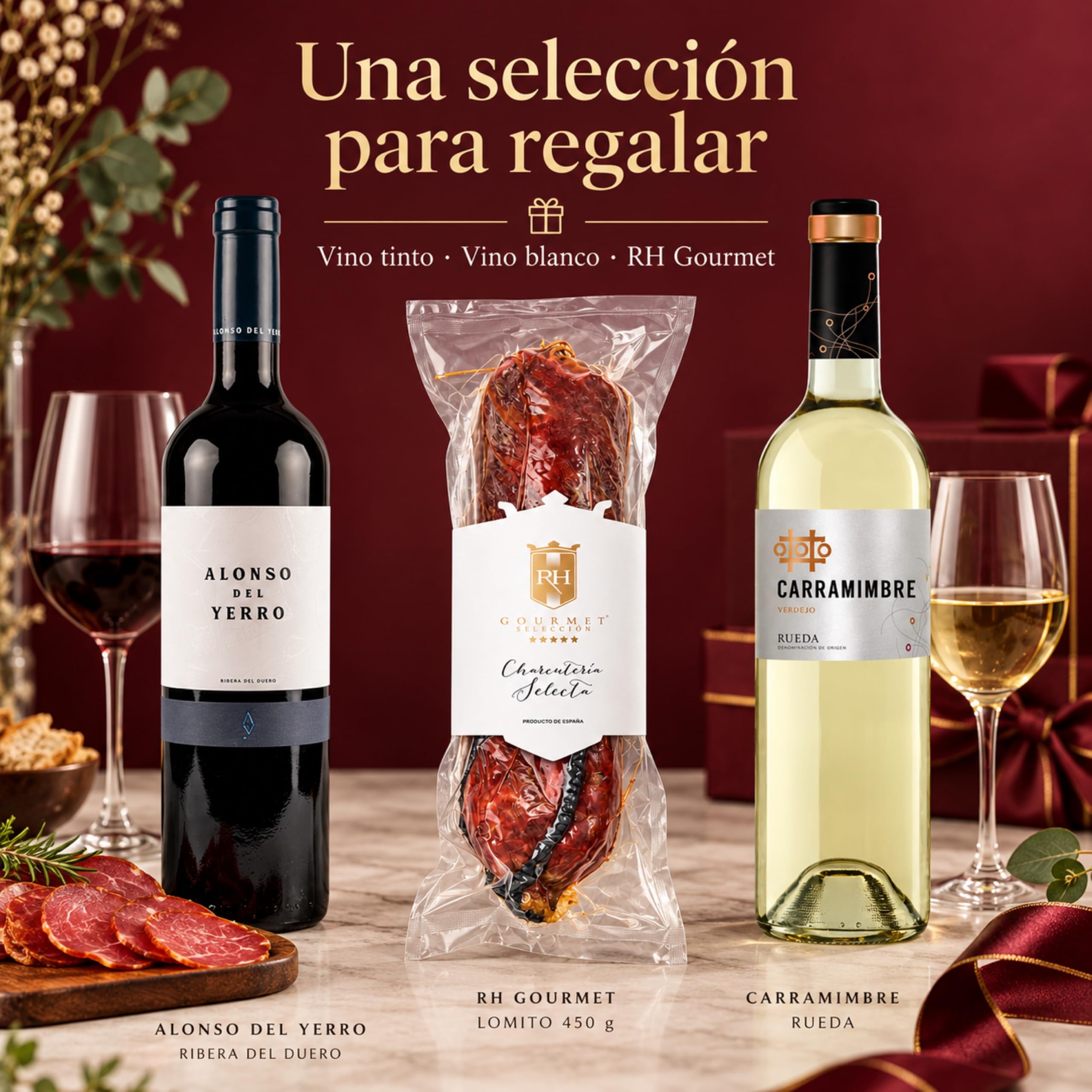 Cesta gourmet Navidad Alonso del Yerro y Carramimbre Verdejo con lomito ibérico de bellota 100% 450 g RH Gourmet, pack de 2 botellas 75 cl