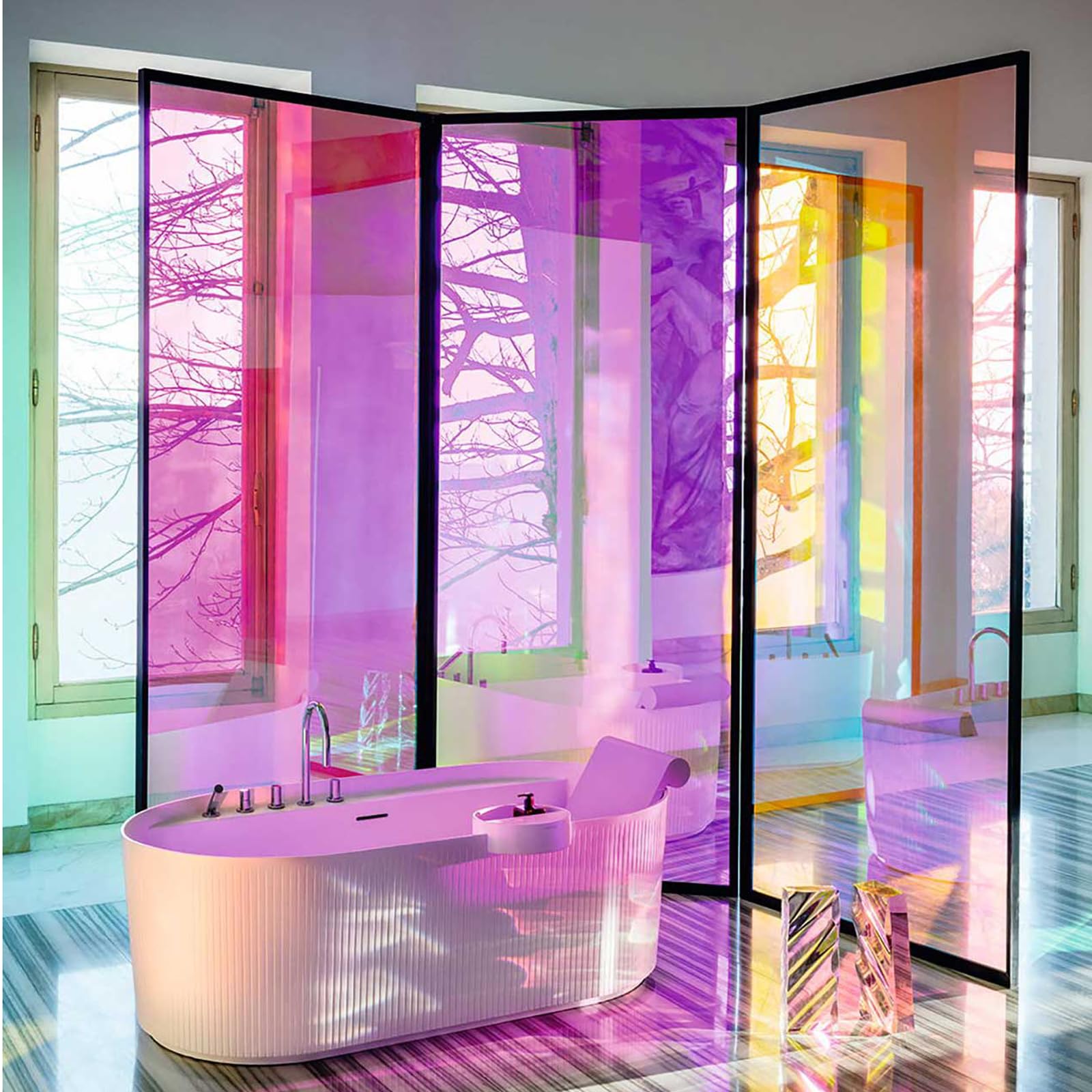 Iridescent Window Film - 68cm x 500cm, Holographic Dichroic Coloured Rainbow Film, UV Protection & Decorative Glass Stickers - Self-Adhesive Roll for Home Office Windows