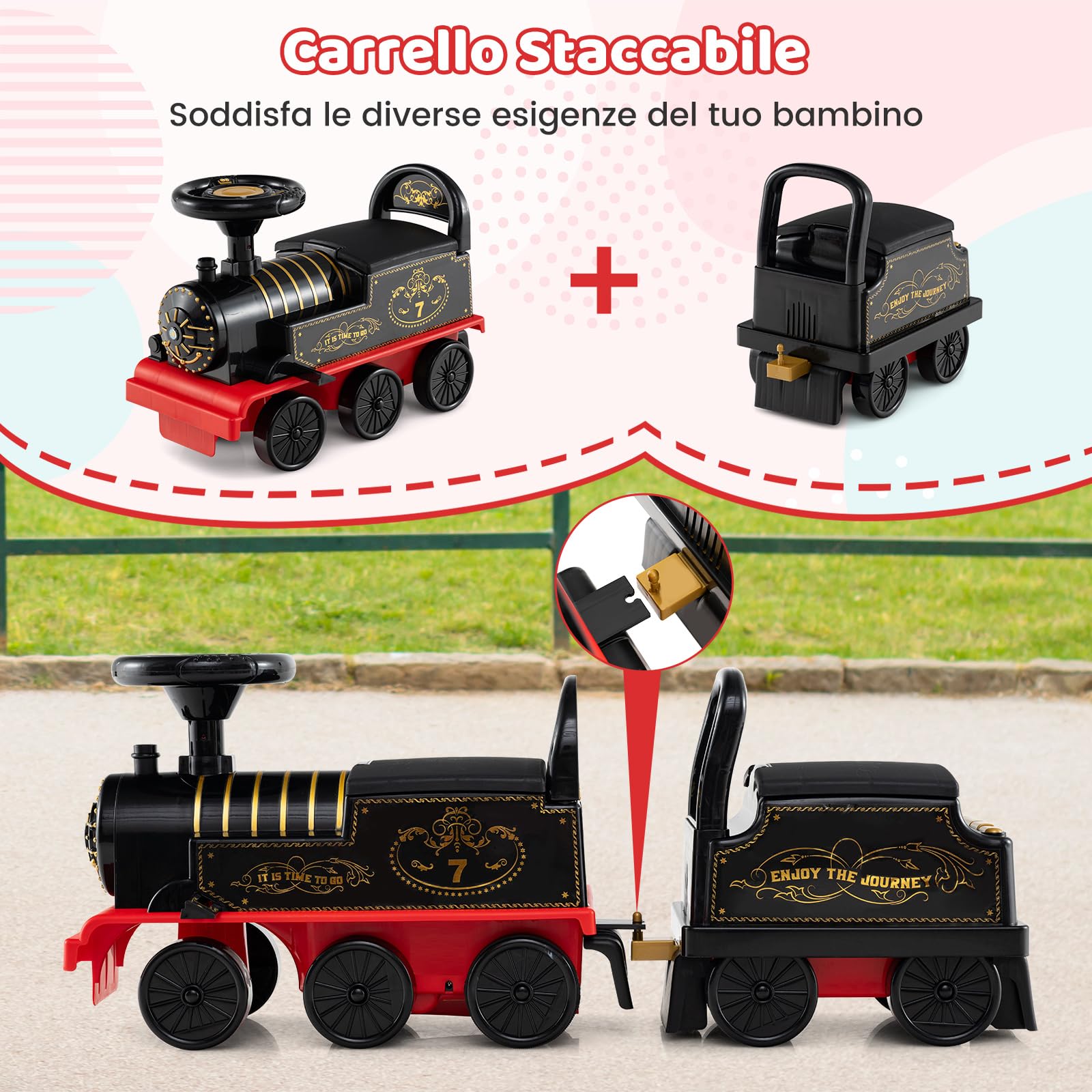 COSTWAY Trenino Elettrico con Vagone, 6V Giocattolo Elettrico a Batteria con Contenitore, Poggiapiedi Estraibili, Musica e Luci LED, Auto Elettrica per Bambini 18+ Mesi
