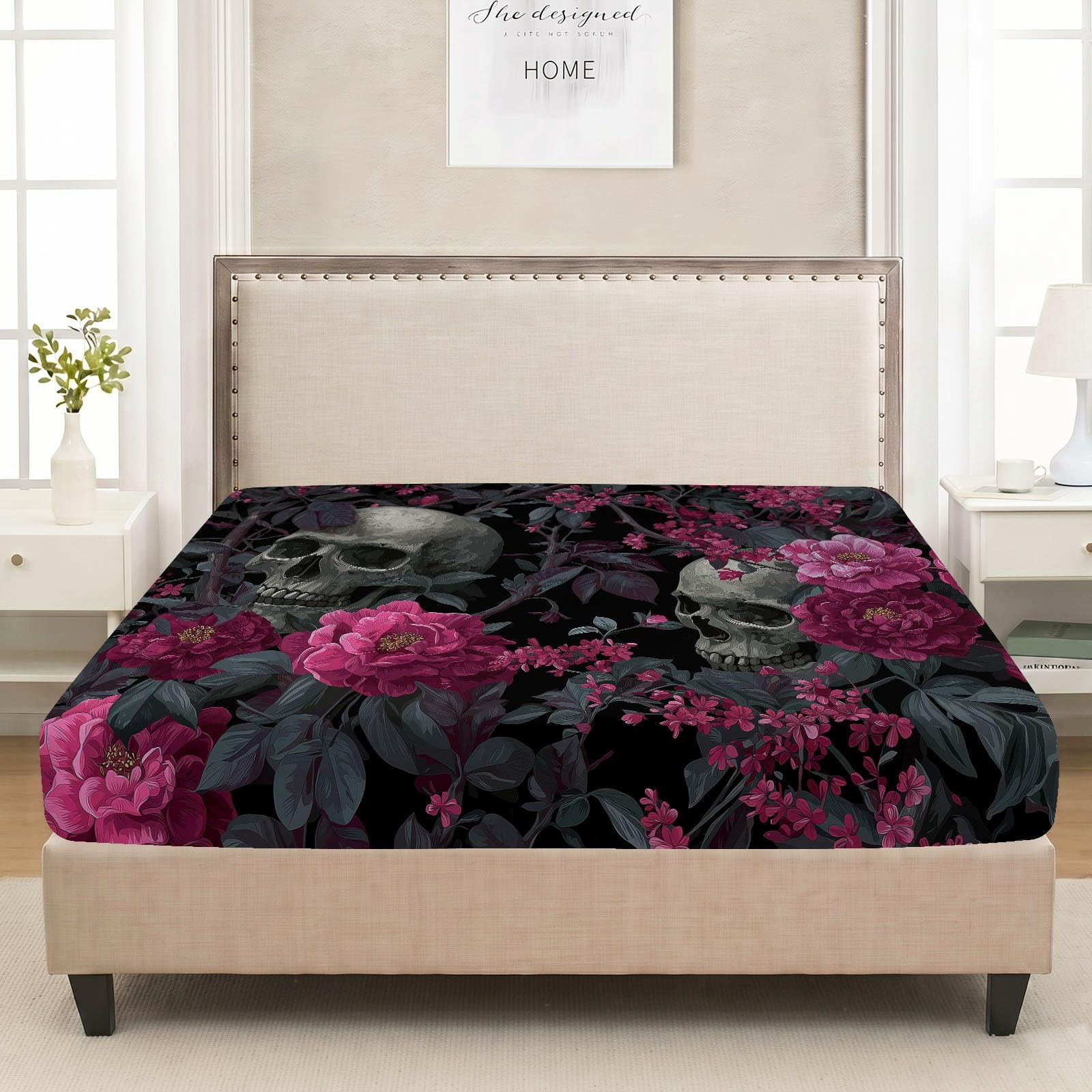 Juego de sábanas bajeras de 3 piezas, 140 x 200 cm, diseño de calavera y flores góticas, de microfibra, horror, gótica, suave, agradable al tacto, transpirable, colchones de hasta 30 cm de altura