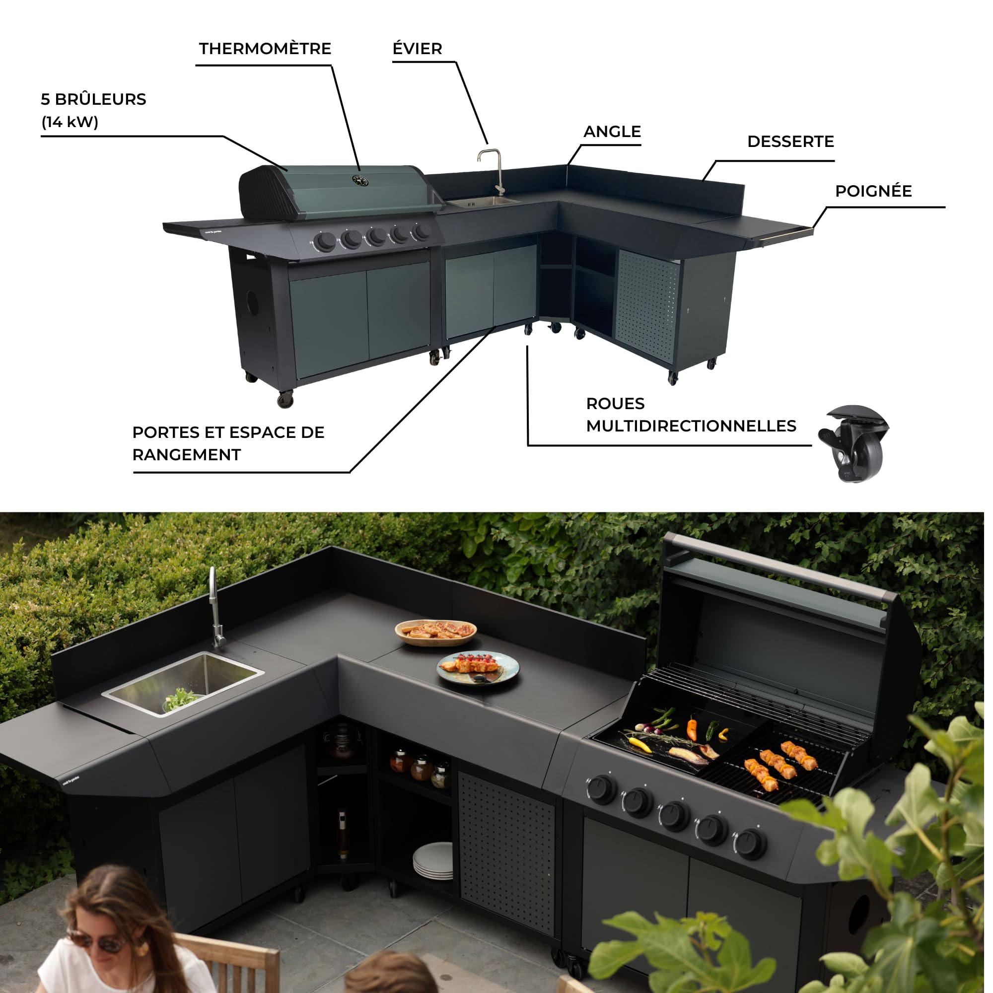 Cook'in Garden - Cucina Esterna Gas BURN, Barbecue Modulabile con Angolo, 5 fuochi, Diverse configurazioni possibili, Destra, Angolo Sinistro o Destro, Rotelle Multidirezionali