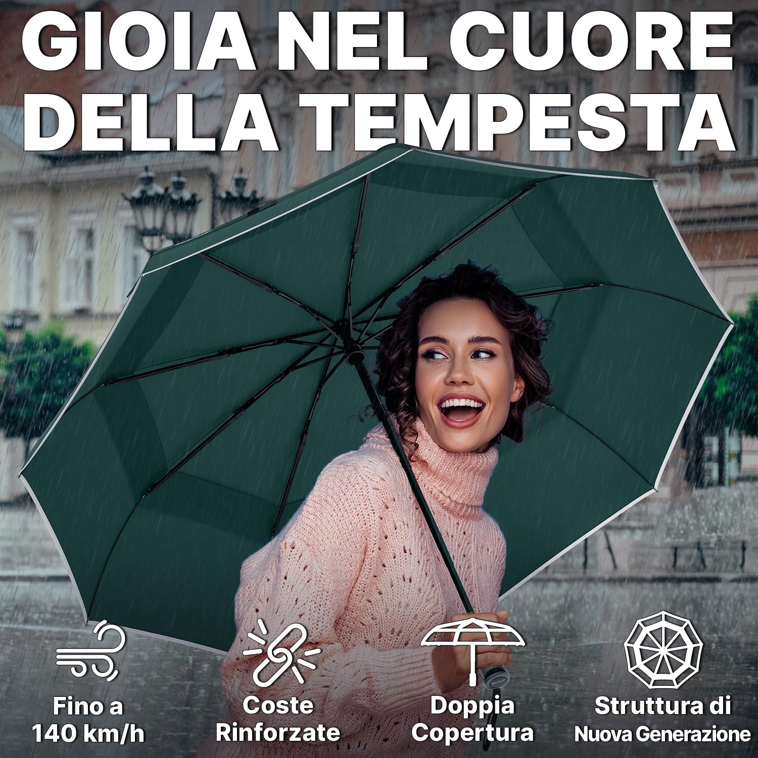Royal Walk Ombrello da viaggio pieghevole antivento, compatto e resistente, con manico in vero legno, apertura automatica, chiusura automatica, doppia tettoia per uomini e donne, Verde scuro, L,