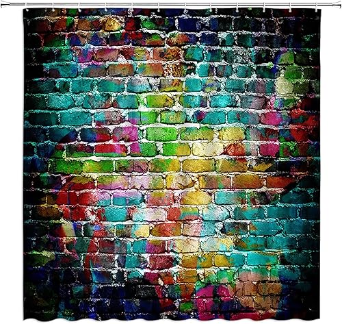 Cortina de ducha de pared de ladrillos coloridos, pared de graffiti, arte urbano pintado, grunge, retro, abstracto, salpicaduras, decoración de