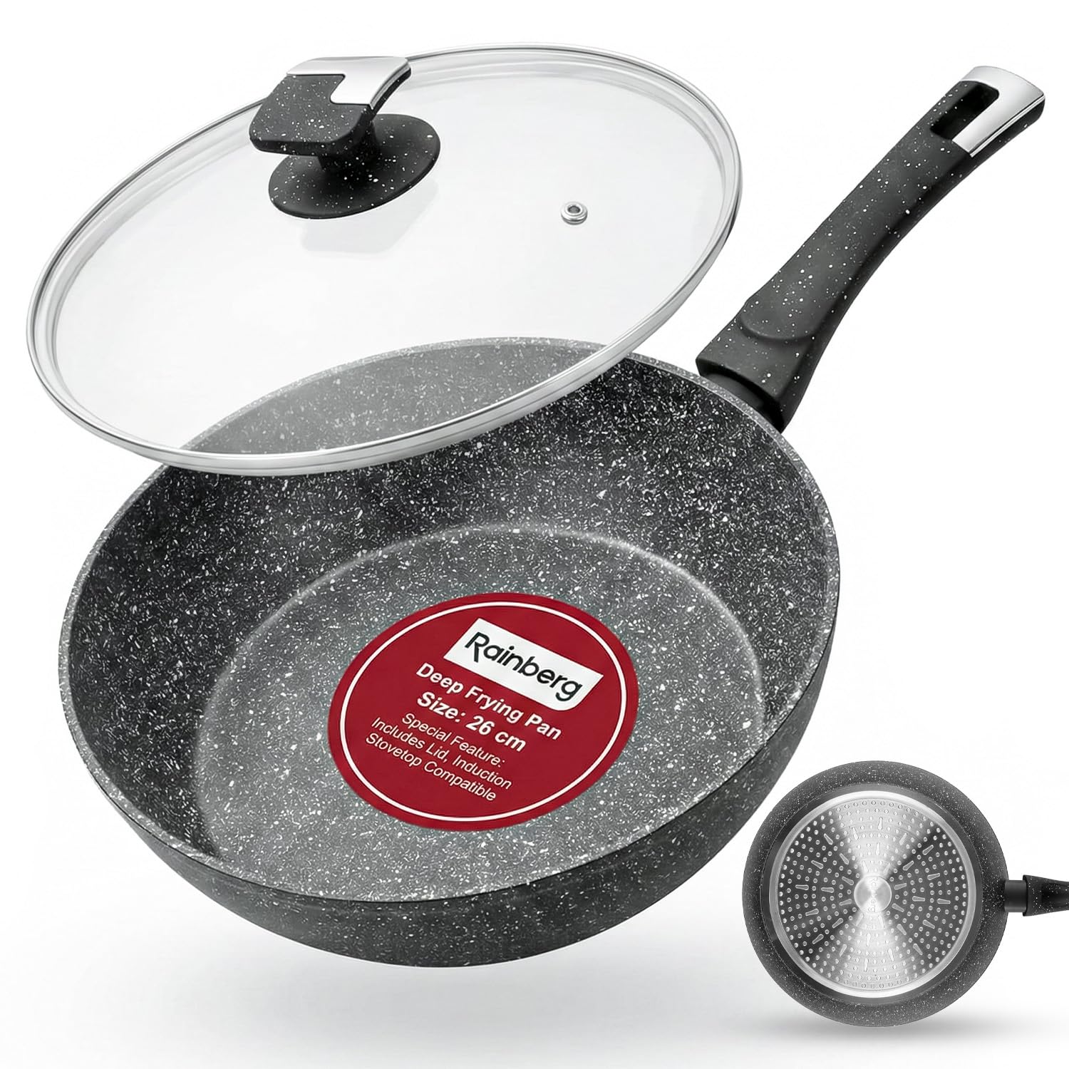 Rainberg Black 26Cm Deep Frying Pan With Lid, Granite Frying Pan Nonstick, Cooking Pan With Lid, Induction Compatible, Scratch Resistant Coating (, 26Cm)
