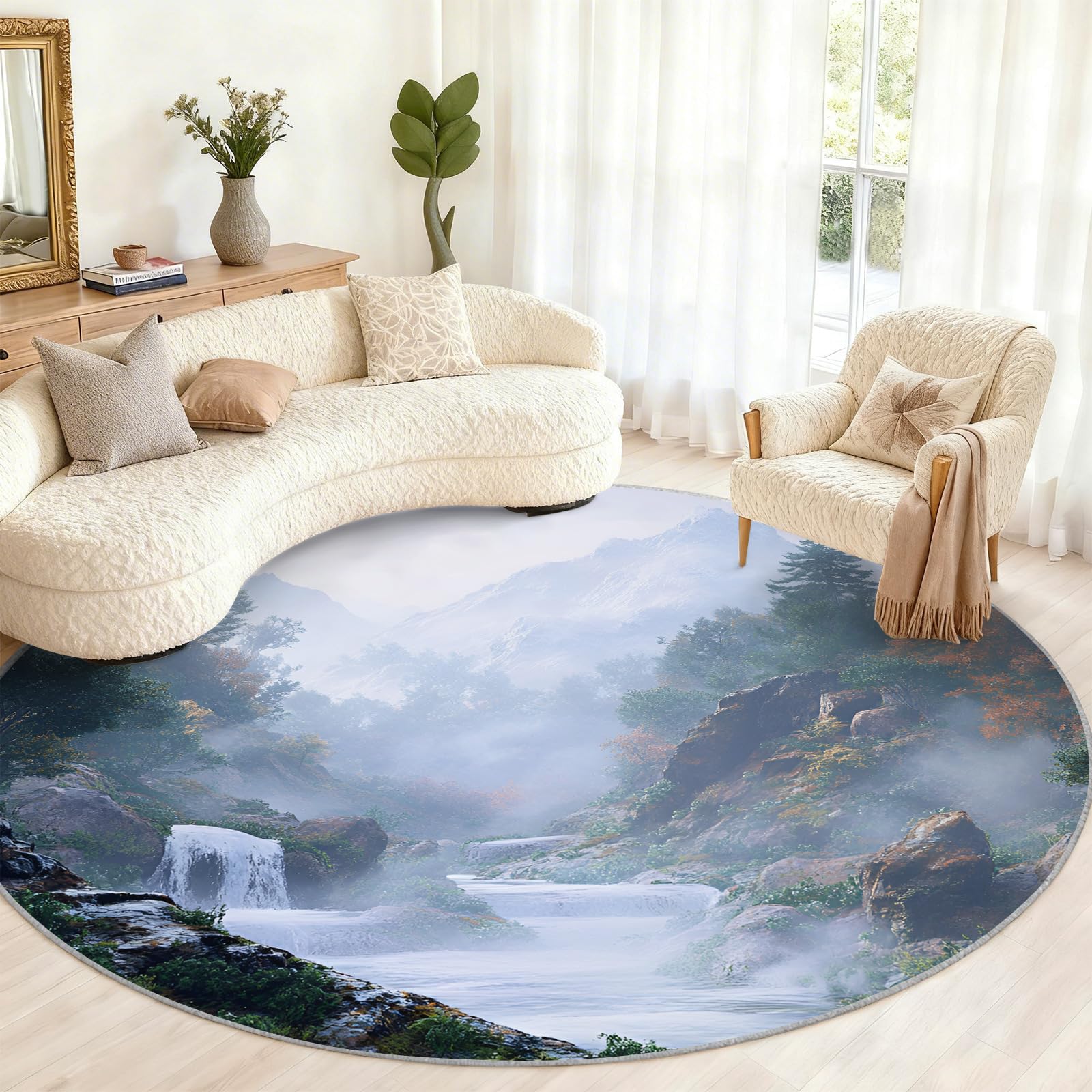 Tapis rond montagne antidérapant sous une chaise de bureau