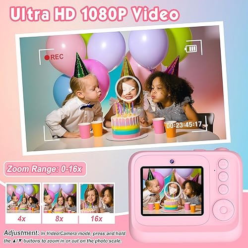 Miniatura 6 de Cámara para niños, Cámara de impresión instantánea mejorada, Cámara digital selfie dual delantera y trasera con videos de 1080P, juguete de viaje