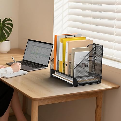 Miniatura 7 de Organizador de carpetas de archivos de escritorio, 4 compartimentos verticales y bandeja de papel para cartas, clasificador de archivos de malla