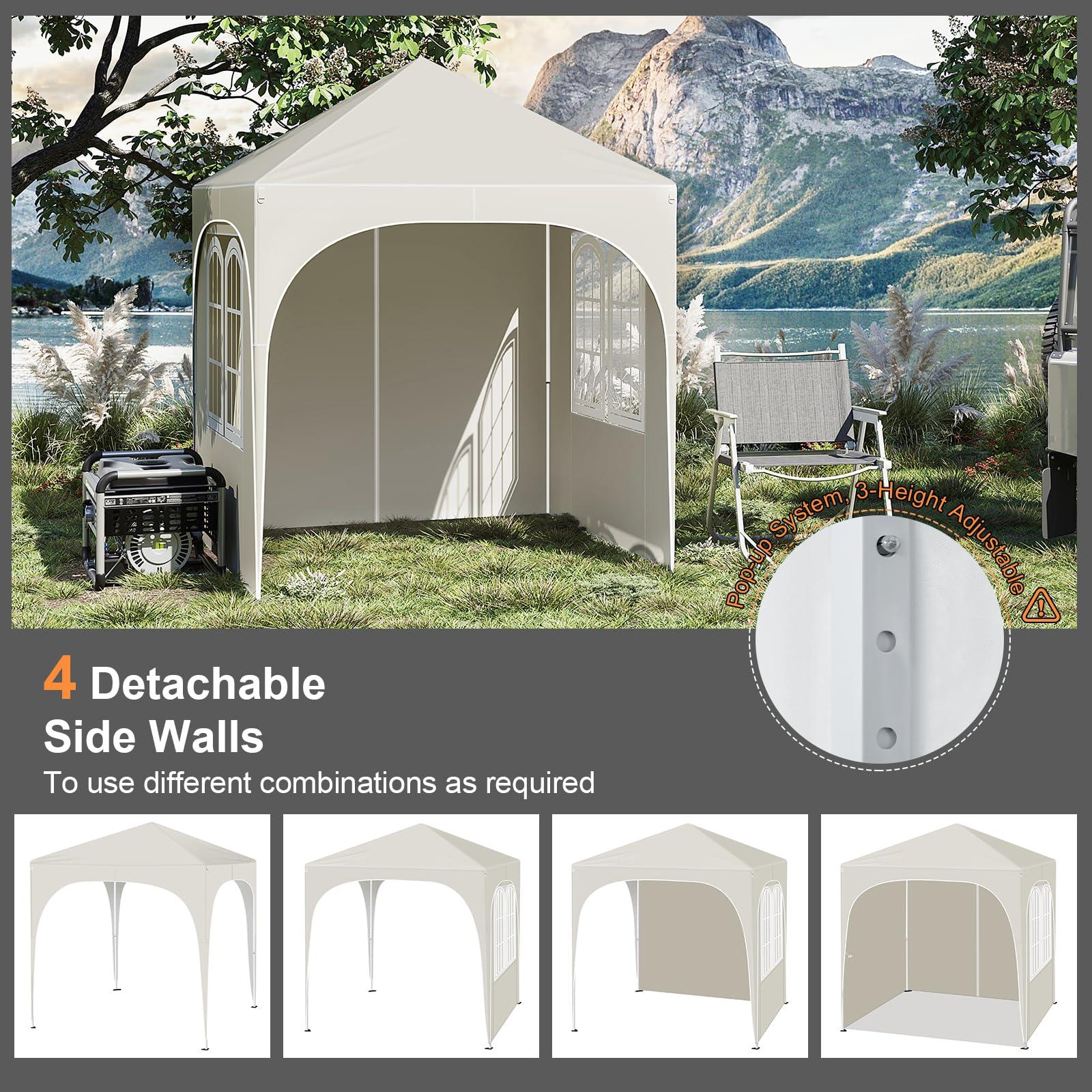 WOLTU Pavillon mit 4 Seitenteilen 4 Sandsäcke, Faltpavillon 2x2m mit Halbmonddach Tragetasche, Gartenpavillon wasserfest stabil UV-Schutz, Partyzelt Outdoor höhenverstellbar, Beige