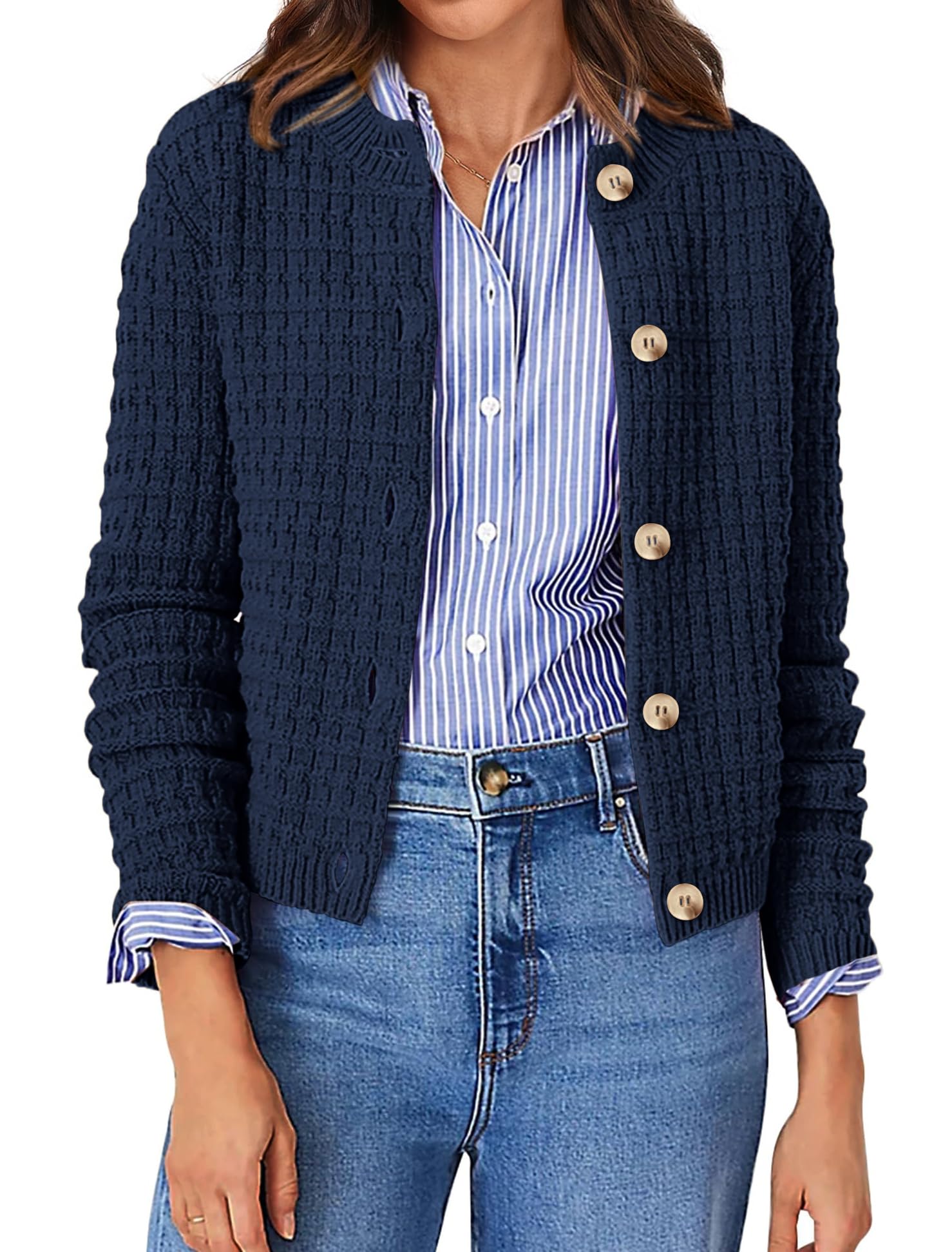 ATHMILE Womens Cardigan Sweaters Casual Long Sleeve Button Down Crewneck Casual Knit Cropped Fall Winter Jackets Clothes