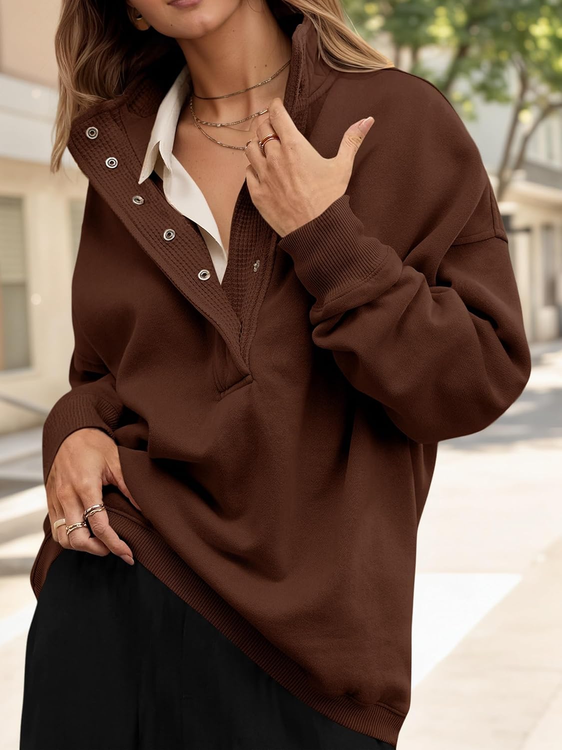 Fisoew Womens Oversized Sweatshirt Casual Snap Stand Collar Long Sleeve Pullover Tops Fall Travel Outfits - Image 2