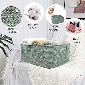 COMFY-HOMI Cotton Rope Woven Basket with Handles for Shelves,Toys,Book, Cloth Storage Baskets for Organizing-17 x 13 x 7.5 Toy Decorative Organizer for Living Room, Bathroom Green