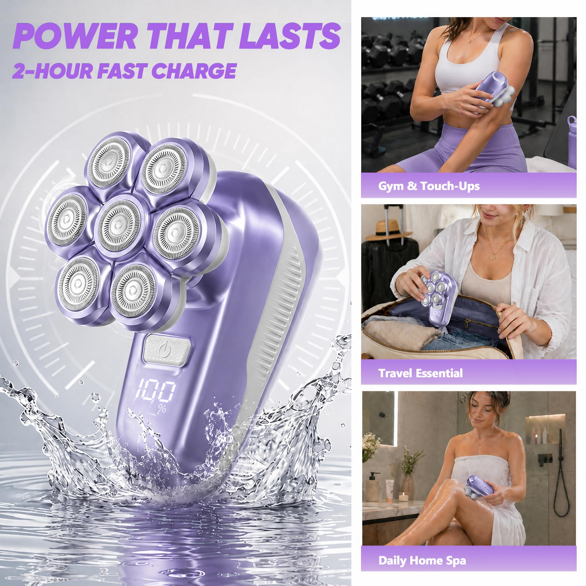 Electric Shaver for Women, Electric Razor with 7D Magnetic Shaver Heads, Wet Dry Bikini Trimmer Kit for Women & Men, Nose Ear Hair Trimmer, USB Rechargeable Clippers, Purple