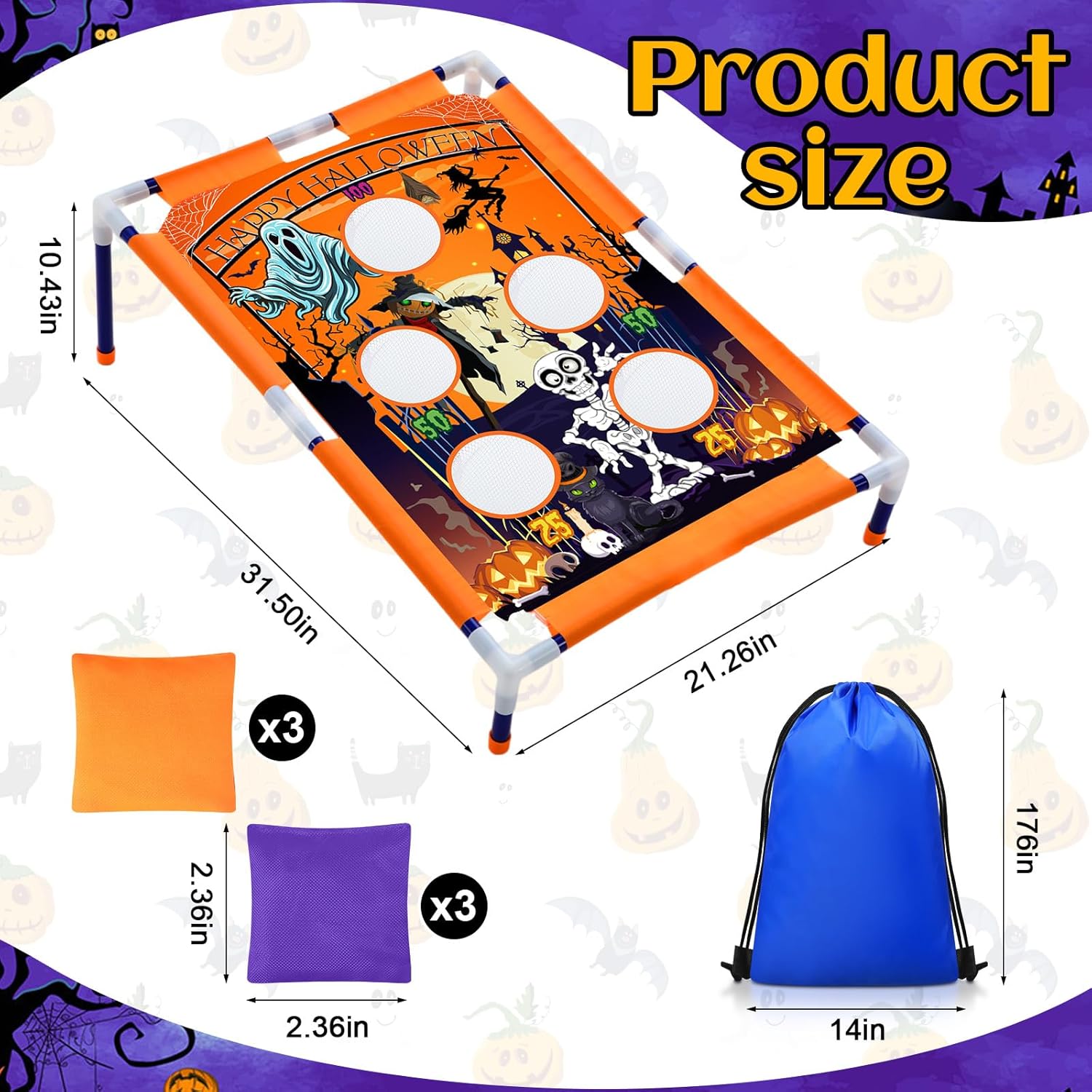 Halloween Bean Bag Toss Games with 6 Bean Bags Ghost Corn Hole Game Set Portable PVC Framed Toss Games for Halloween Indoor Outdoor Party Favors Decorations