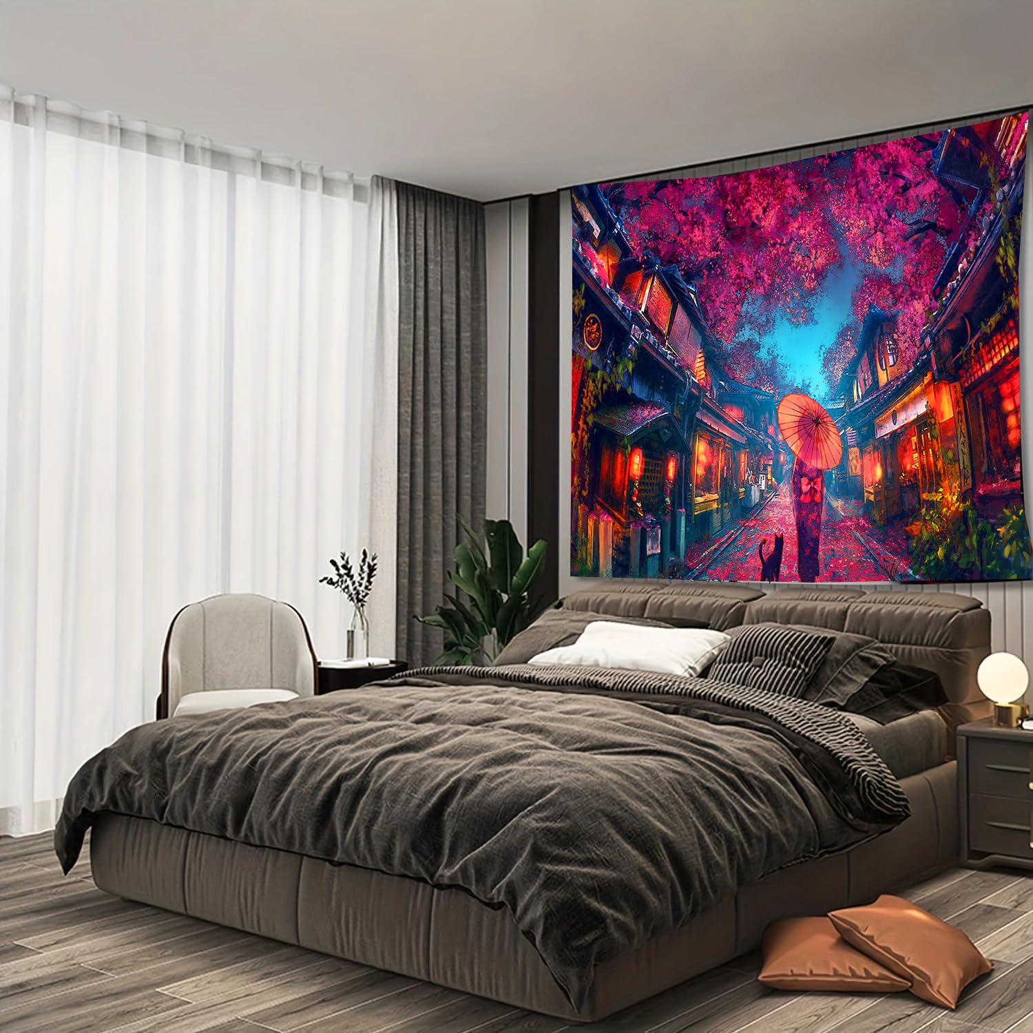 Tapisserie Murale Japonaise Paysage Nocturne - 203x152 Cm En Flanelle - Pour Salon, Chambre, Déco D'intérieur
