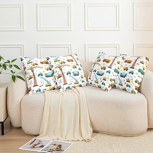 Miniatura 5 de Fundas de almohada de excavadora para niños 16x16 juego de 2, fundas de almohada de tractor maquinaria camiones para cama sofá hogar, fundas de