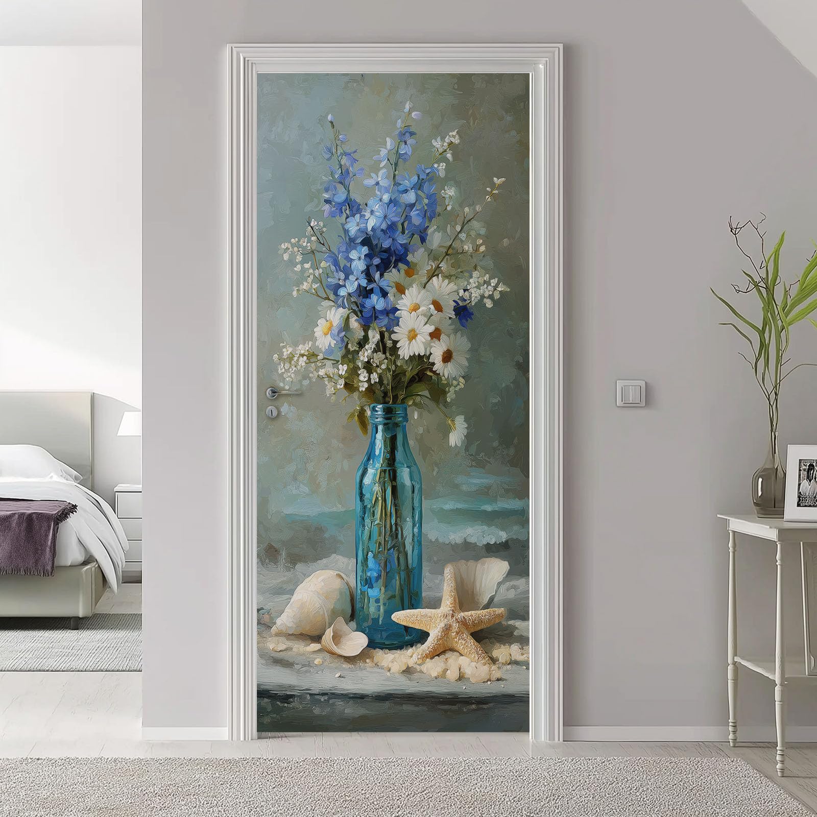 Adesivo per porta in stile dipinto a olio, 77 x 200 cm, stella marina, conchiglie, bouquet di fiori, in PVC, autoadesivo, carta da parati fotografica, grigio, impermeabile, rimovibile, per bagno