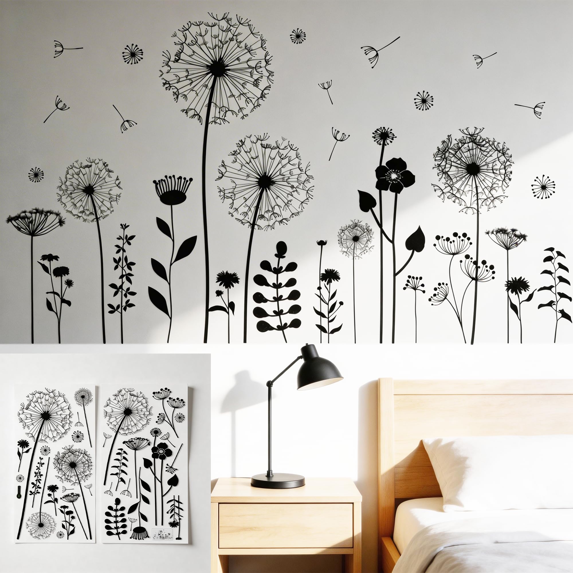 Large Botanical Window Stickers - Removable Flower Decals for Glass, DIY Nature-Inspired Wall Decor with Butterfly & Dandelion Design, Reusable PVC Clings for Home & Office (30x60cm)