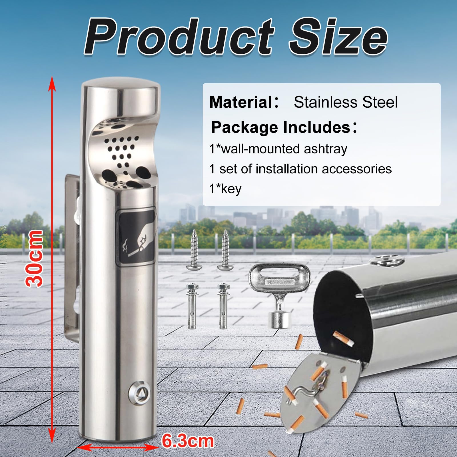 2 ceniceros de pared para exteriores de acero inoxidable, cenicero de pared público con cerradura, resistente a la intemperie, cenicero tubular montado en la pared para restaurantes, oficina, hotel
