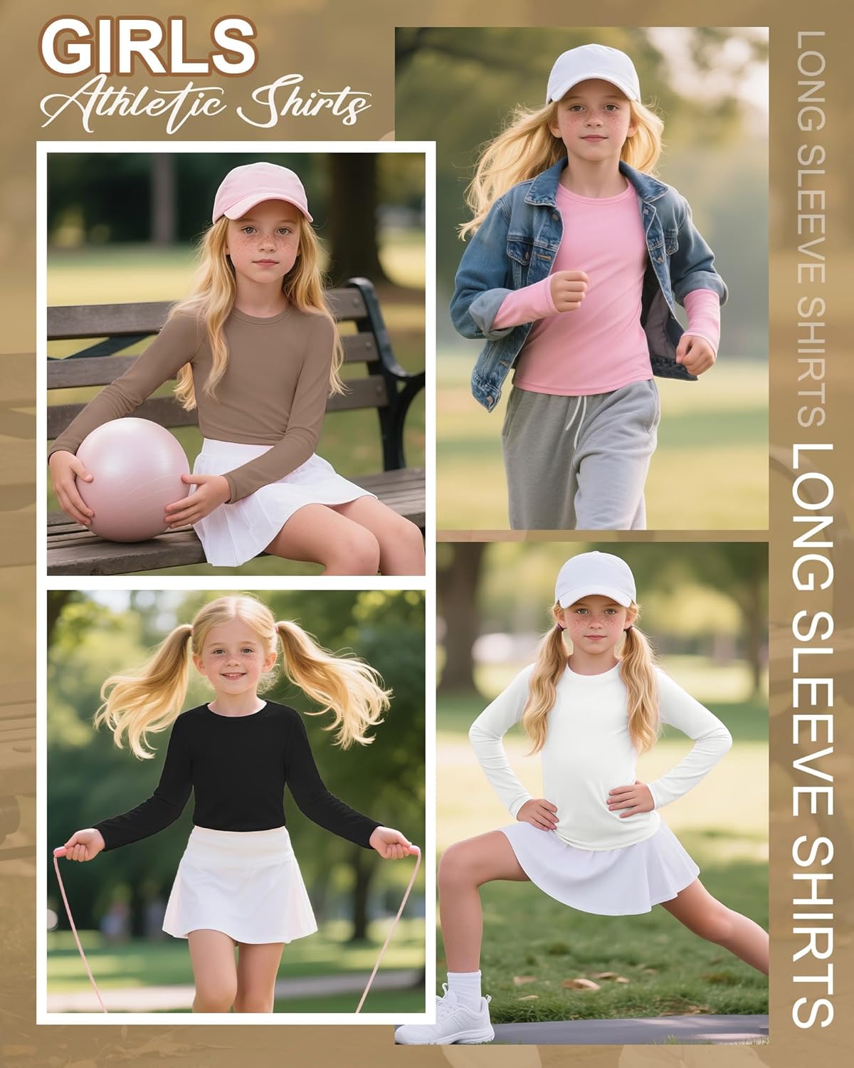 4 Pack Girls Long Sleeve Athletic Shirts Kids Activewear Tops Basic Yoga Crew Neck Sports Teen Youth Tees