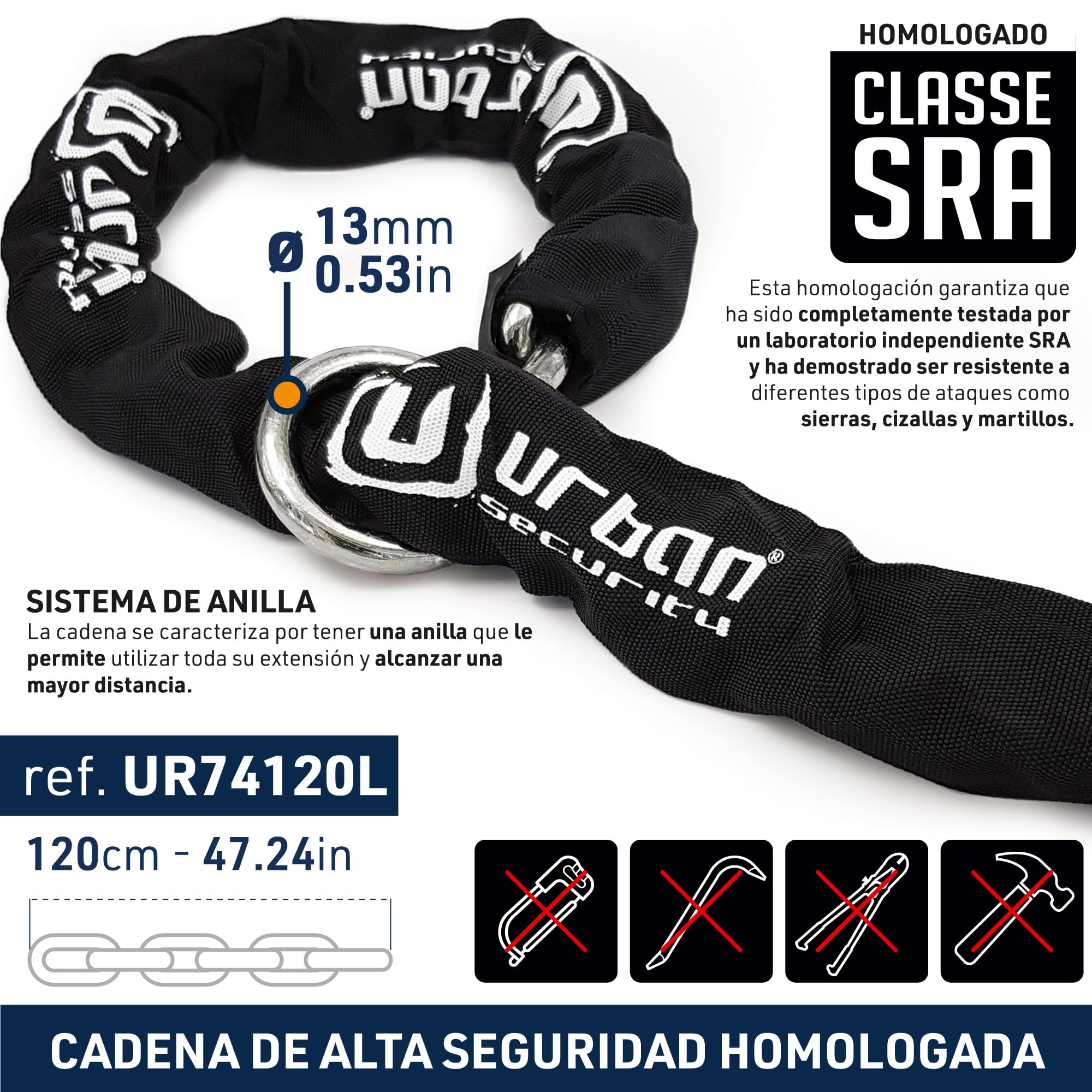 URBAN UR74120L Cadena Candado Antirrobo Con Anilla Pesado ø13mm + Mini U, Alta Seguridad Homologada SRA, 120cm Mayor Distancia, Antirobo Multifunción para Disco Freno, Anclaje, Motocicleta, Parking