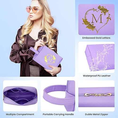 Miniatura 3 de Menetop Bolsa de cosméticos de viaje, bolsa de maquillaje  Bolsa de maquillaje personalizada con inicial, impermeable, bolsa grande de maquillaje,