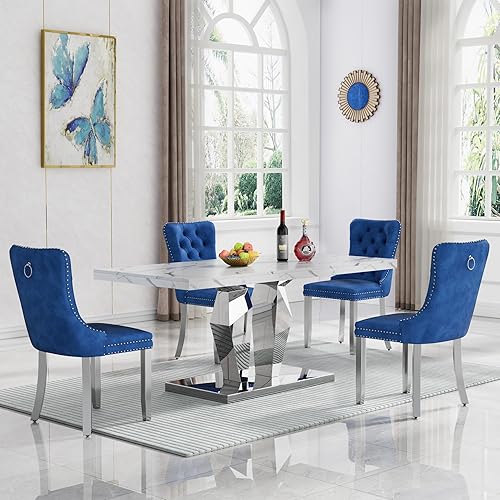 Miniatura 17 de Juego de 5 mesas de comedor de mármol sintético, juego de mesa de cocina y comedor para 4, mesa de comedor rectangular blanca de 70 pulgadas con