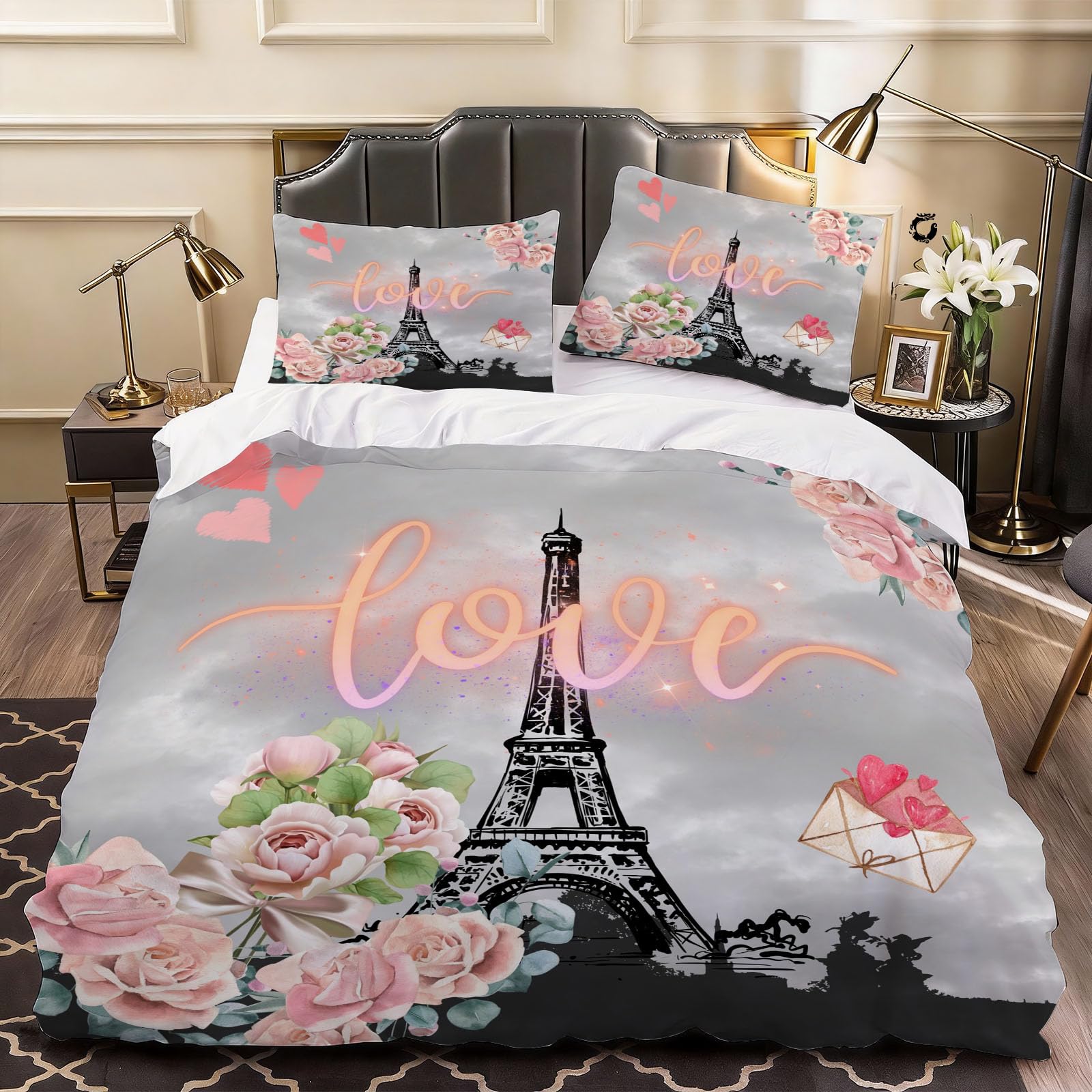 3D Paris Eiffel Tower Duvet Cover Romantic Bedding Double Bed Set, Soft Microfiber Comforter Cover Printed with Zipper Closure Quilt Coverr 200x200 cm and 2 Pillowcases