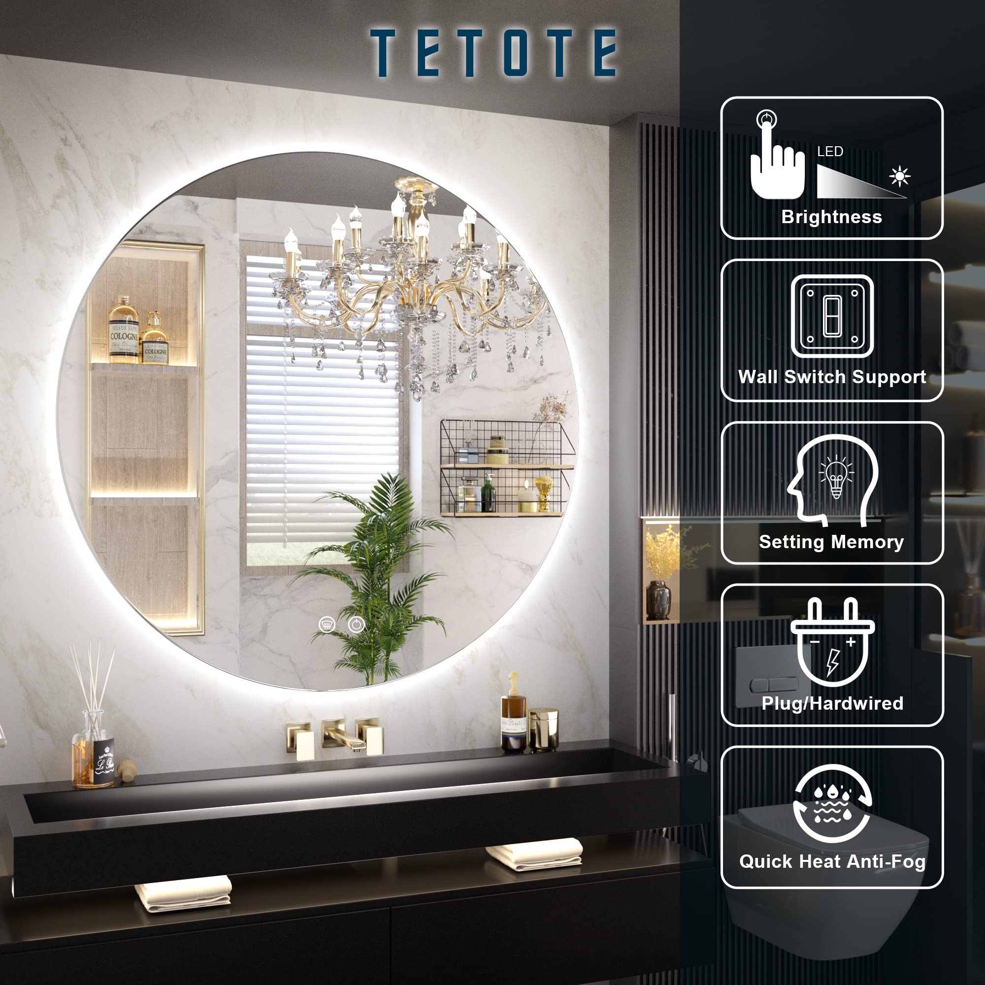TETOTE 32 Inch Round Backlit Bathroom Mirror, LED Circle Mirror with Lights, Safety UL Certified, Anti-Fog, Dimmable Lighted Vanity Mirror, CRI90+, IP54 Waterproof, Wall Mounted Mirror
