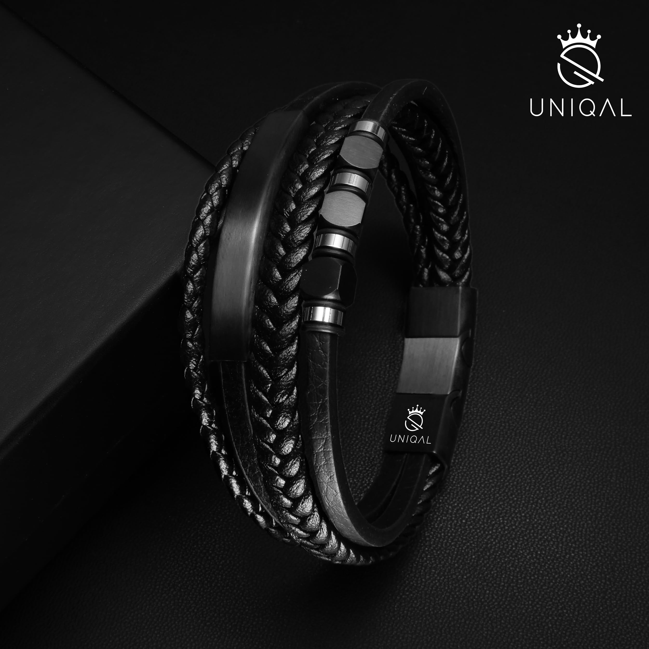 UNIQAL | Lederarmband Herren "PLATE" Mens Bracelet | Edelstahl, Echtleder | Etui Box Gratis