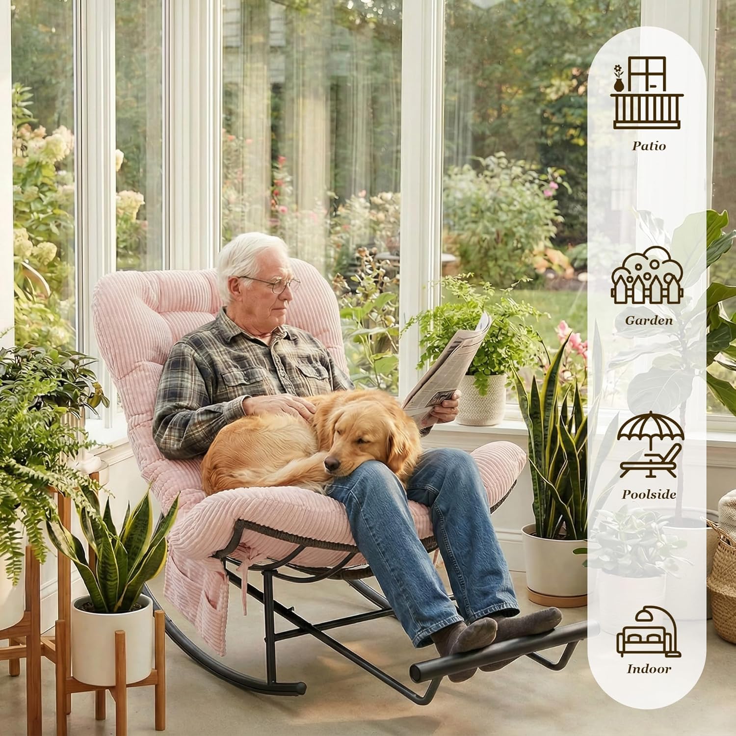 Rocking Chair Indoor & Outdoor, Oversized Patio Papasan Recliner Chair with Footstool Pillow & Side Pocket for Bedroom, Living Room, Garden, Balcony, Lawn (Pink)
