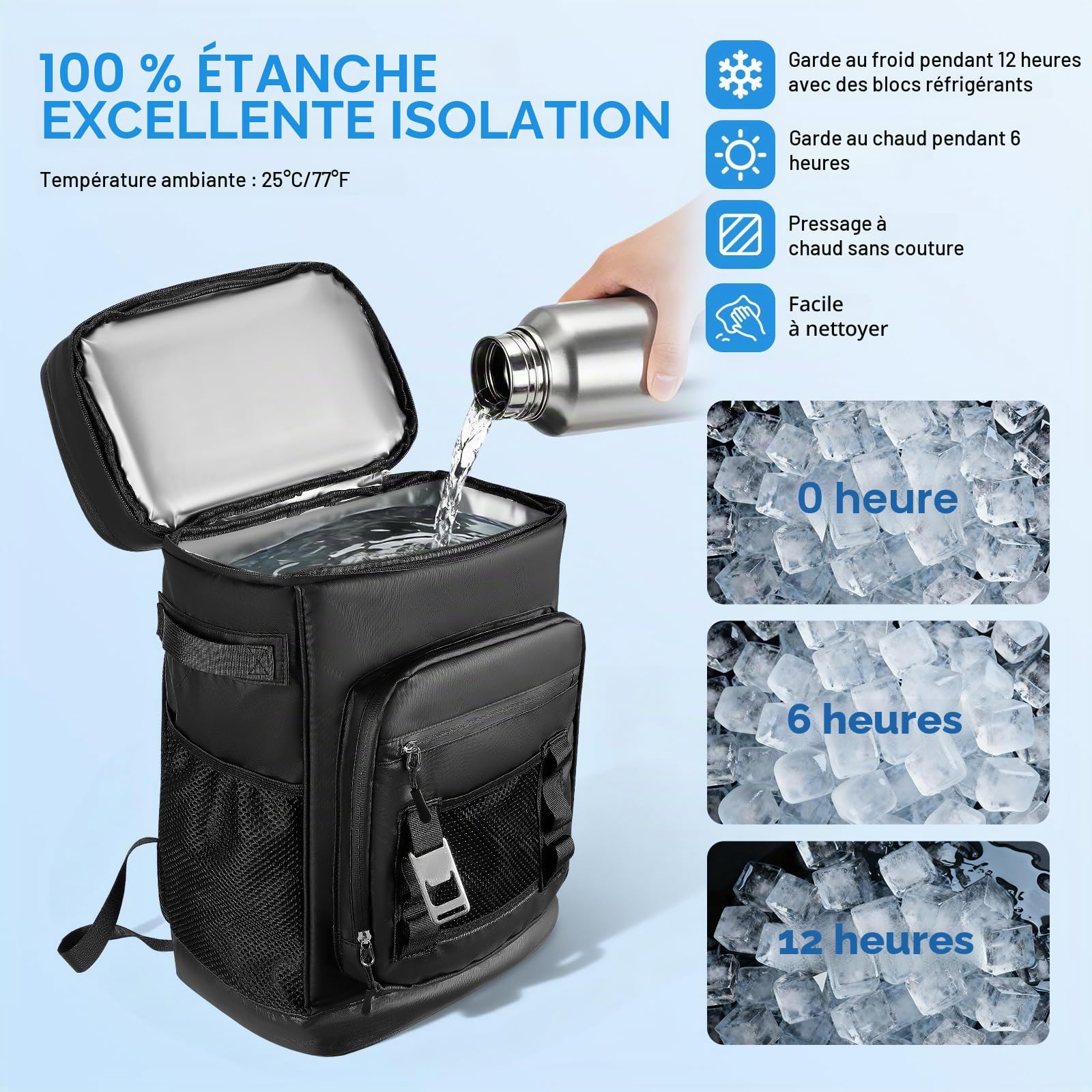 Grand Sac à Dos Isotherme Imperméable 48 Cans Capacité - Sac de Randonnée Isotherme Étanche - Glacière Sac pour Camping Pique-Nique Plage, 30L, Noir
