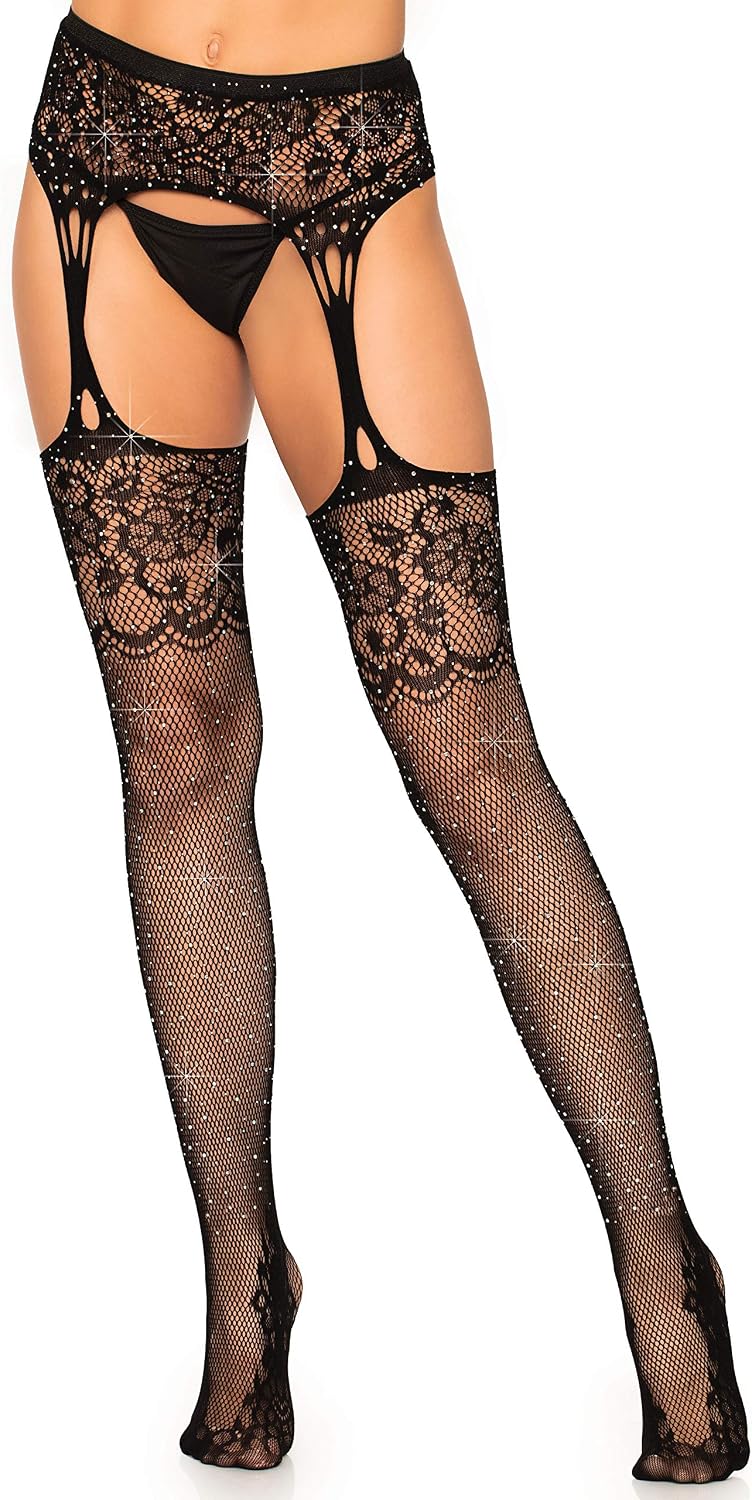 Leg Avenue Women's Lace Top Fishnet Stockings with Attached Garter Belt