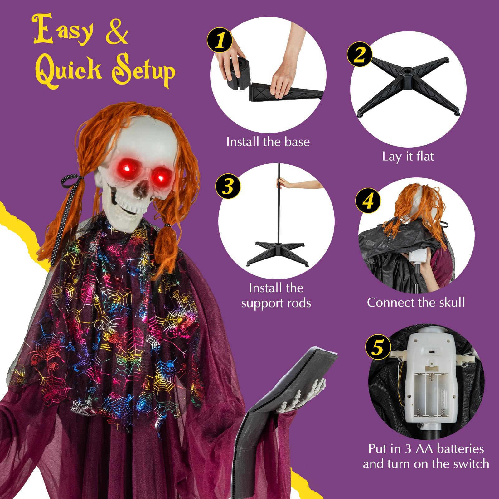 Tangkula Scheletro animatronico di Halloween con libro, spaventoso puntello animato con suoni ululanti, occhi rossi lampeggianti e braccia posizionabili, decorazione di Halloween in piedi per veranda